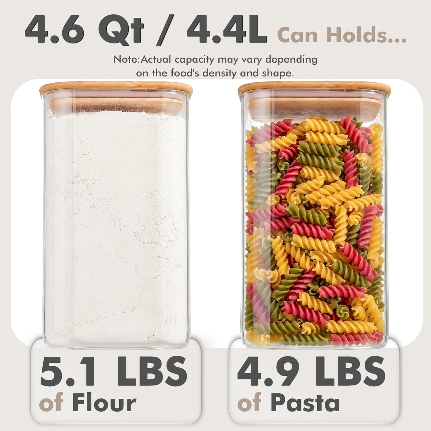 Xoniwis 2-Pack 4.6Qt Large Glass Flour Sugar Storage Containers with Bamboo Lids, Wide-Mouth Food Jars with Measuring Cups for Baking, Gallon Glass Storage Pantry Jars for Sugar, Flour, Rice, Oats