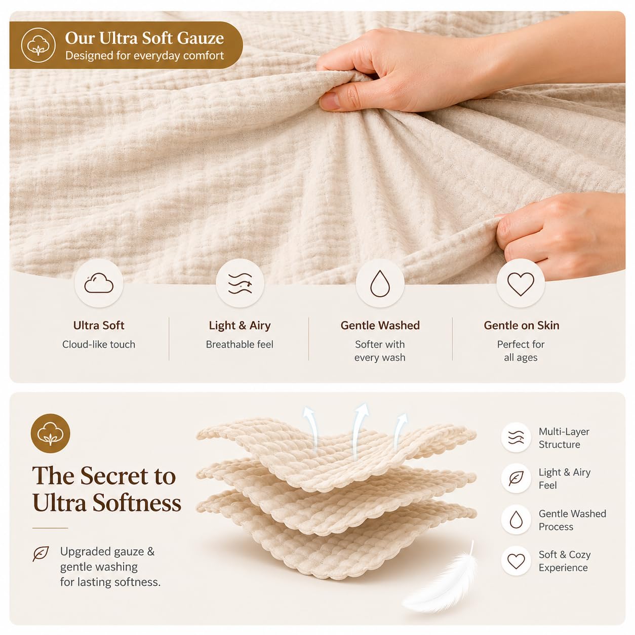 100% Cotton Ultra Soft Muslin Blankets for Adults, 6-Layer Lightweight King Size Blanket for Bed, Pre-Washed Breathable Gauze for Bed Layering, All Season Comfort, Linen Beige 108"x90"