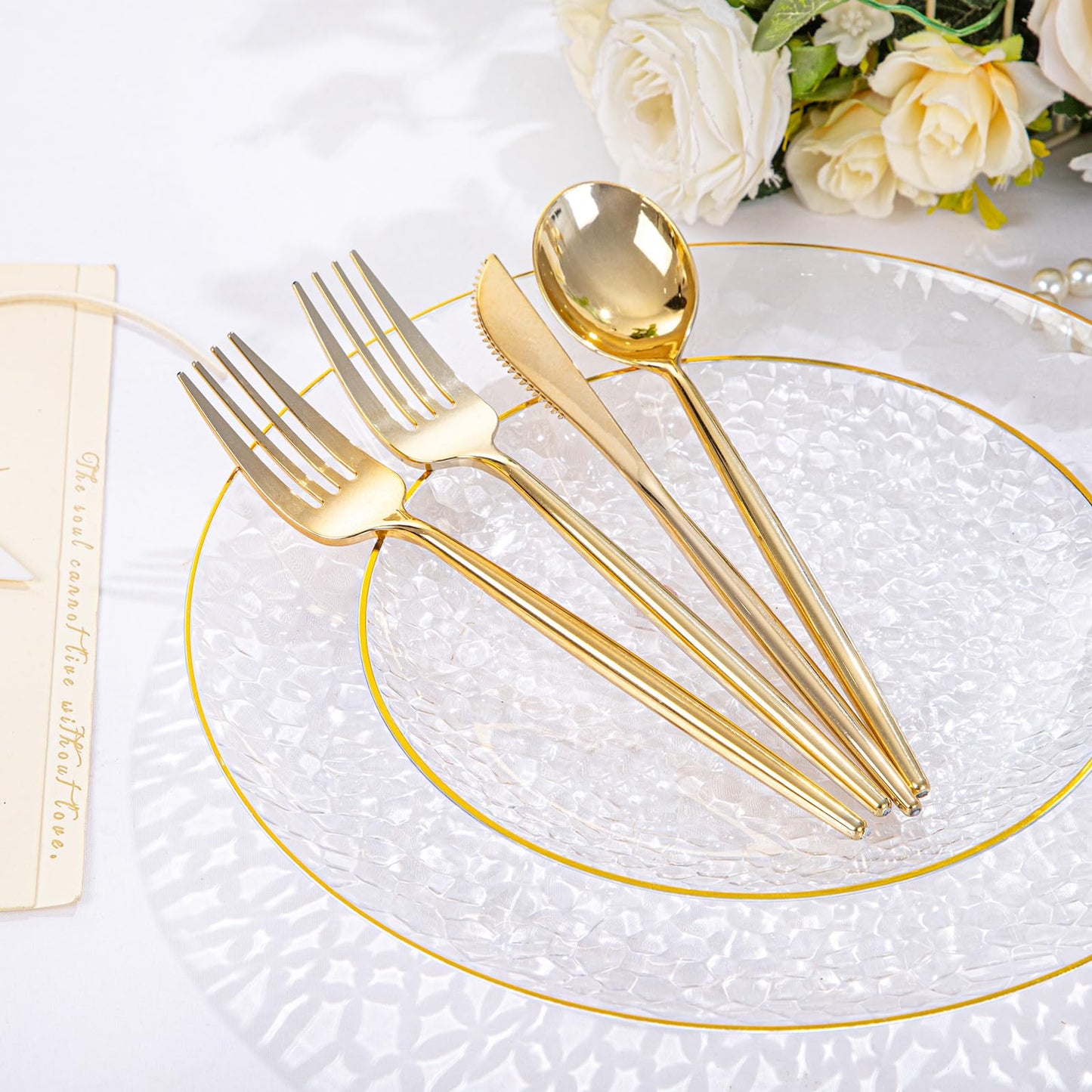 Rubtlamp 150Pcs Plastic Plates, Heavy Duty Clear Plates With Gold Rim, Hammered Gold Dinnerware Set Include 30 Dinner Plate, 30 Dessert Plate, 90 Plastic Silverware