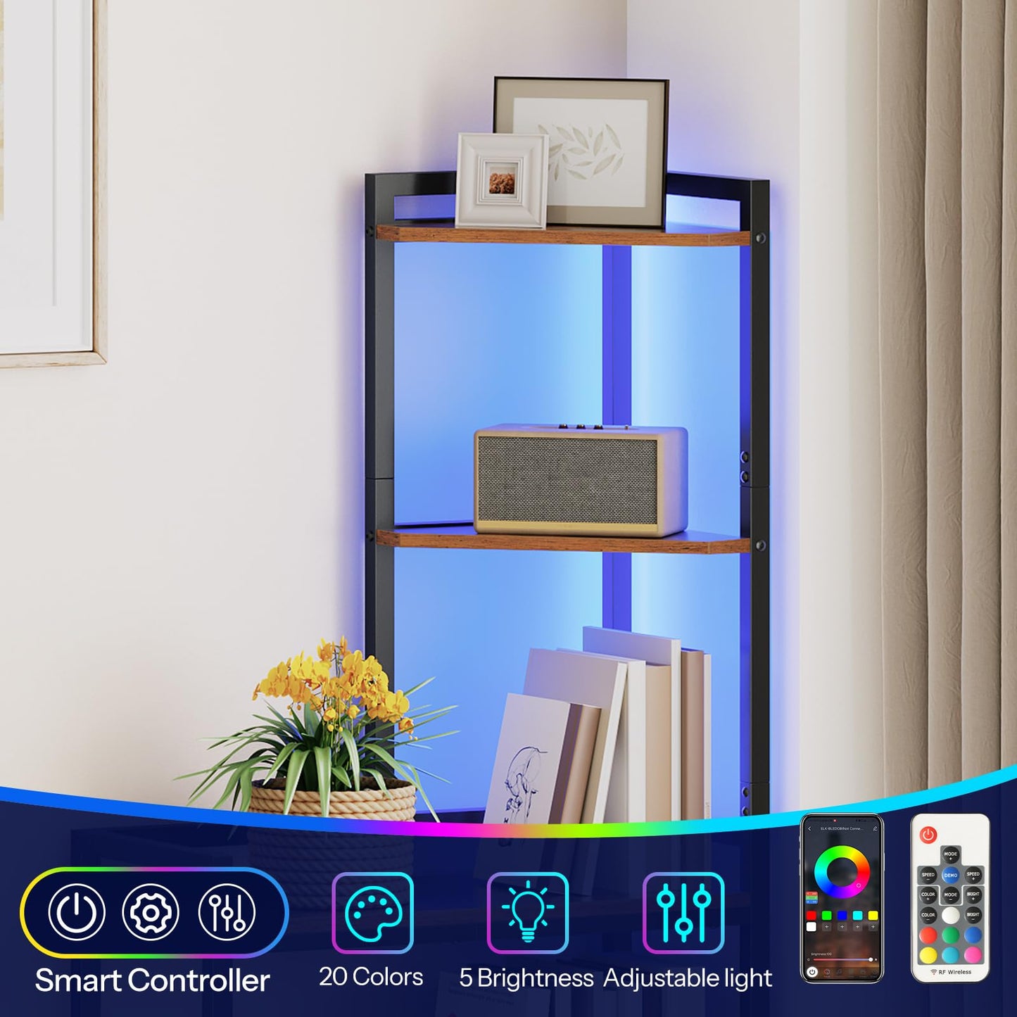 HOOBRO 5-Tier Corner Shelf Stand, Corner Shelf with LED Light, 56.3" Tall Corner Bookshelf, Display Rack Storage Organizer with Table, for Small Spaces, Living Room, Entryway, Rustic Brown BF69DCJ01