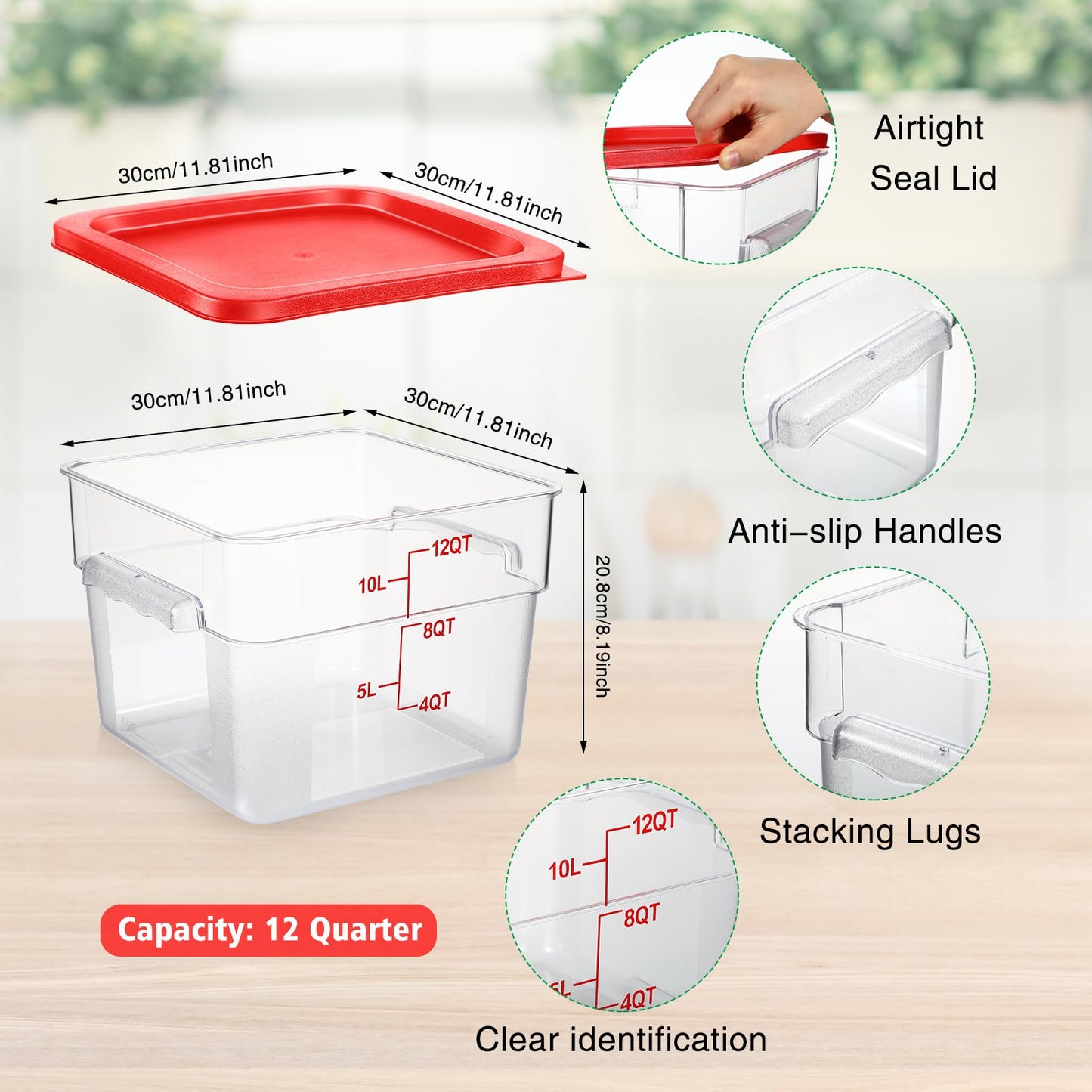 Suclain 2 Pcs Square Food Storage Container Polycarbonate Clear Food Container with Red Lid Commercial Rice Storage with Red Graduations for Commercial Kitchen(8.19 x 11.81 inches)