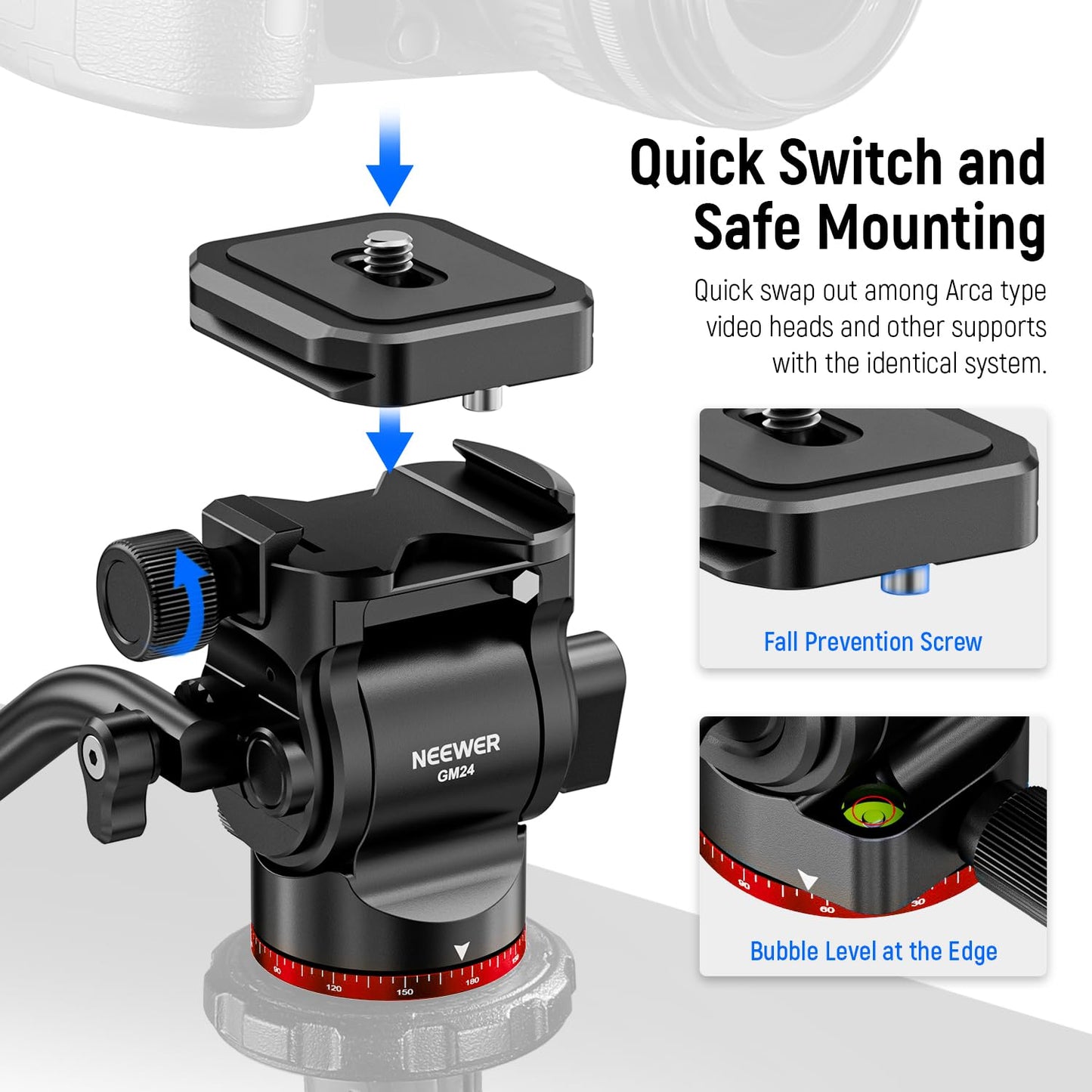 NEEWER Tripod Fluid Head Pan Tilt Head with Quick Release Plate and Handle, Metal Camera Tripod Head Compatible with Arca Swiss for Compact Video Cameras DSLR Cameras, Load up to 6.6lb/3kg, GM24