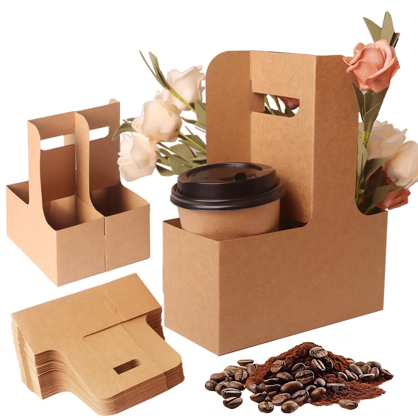 BKISVWCSop 100 Pack 2-Cup/4-Cup Drink Carrier with Handle (12-30oz) | Disposable Paperboard Cup Holder | Foldable Beverage Tray for Hot/Cold Drinks, Coffee to Go, Delivery & Takeout