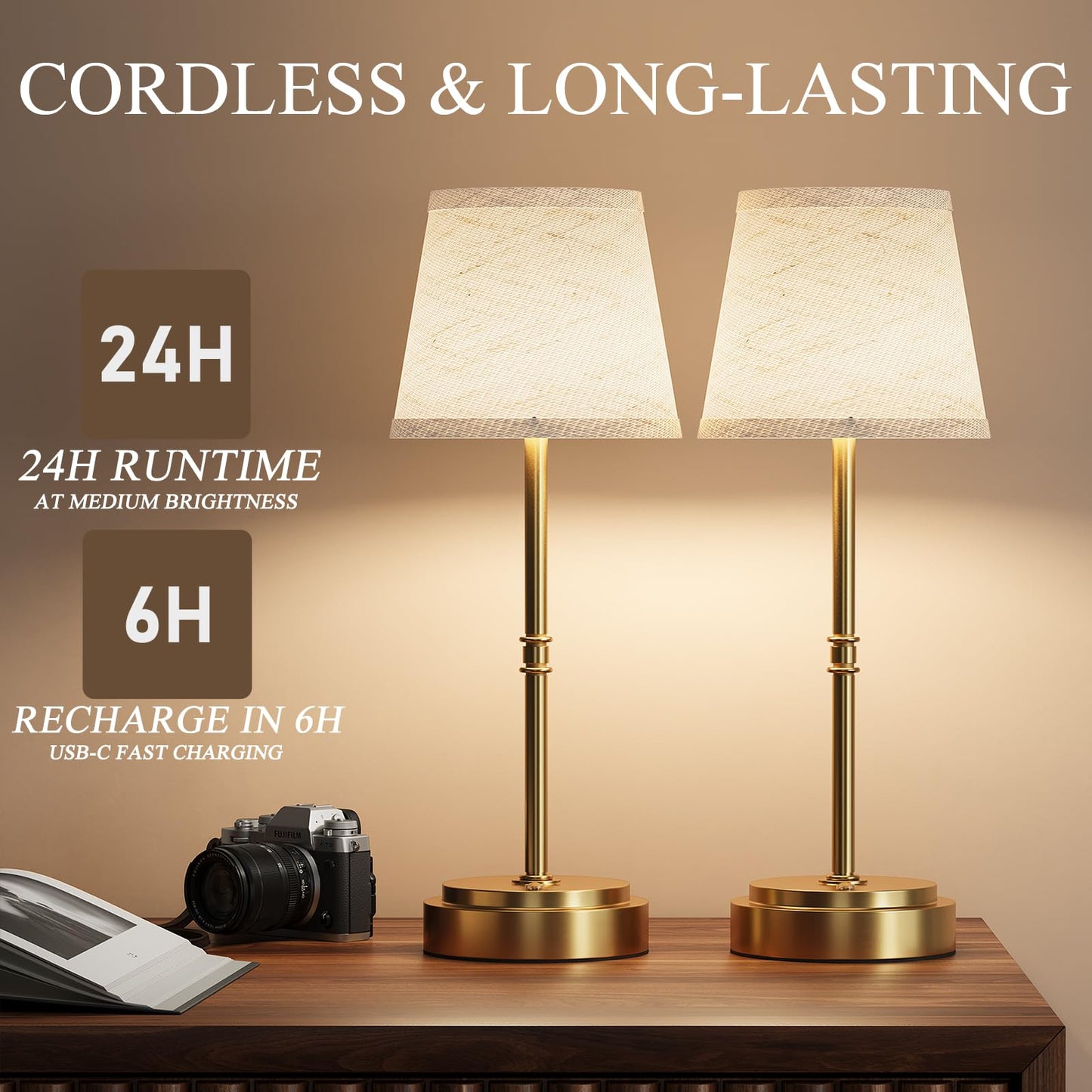 Cordless Table Lamp Rechargeable - Portable LED Desk Lamp for Dining Room,Bedroom,Patio - 2-in-1 Adjustable Height (16"/11") Touch Light - Stepless Dimmable(Warm White) (Antique Brass, 2 Pack)