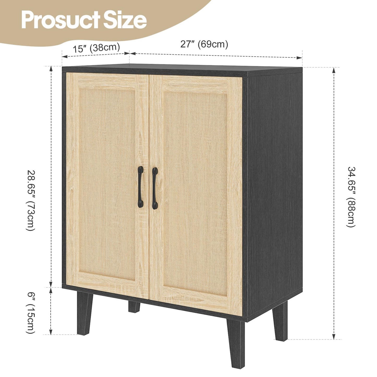 Panana Buffet Cabinet Sideboard with Rattan Decorated Doors Kitchen Storage Cupboard Accent Cabinet (Black)