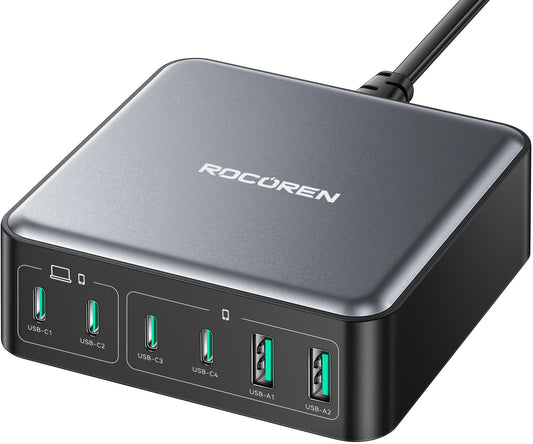 270W USB C Charger Block, Rocoren 6 Port Multi USB-C Charging Station,100W PD Fast USBC Gan Charger Station Hub Dock for Multiple Devices, Laptop Type C Charger for MacBook/iPhone 16/iPad/Galaxy S25