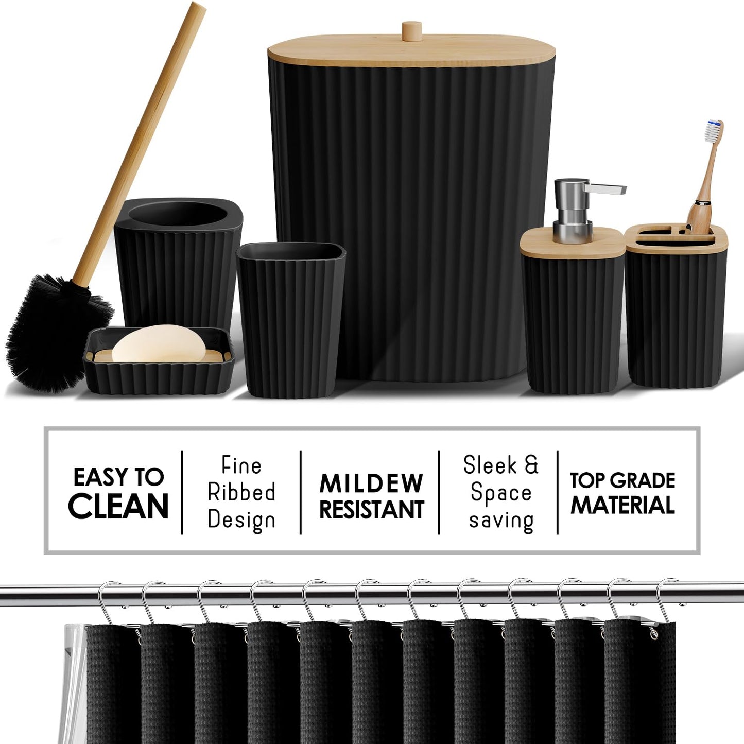 Clara Clark Bathroom Accessories Set - Bathroom Set, Bathroom Sets with Shower Curtain and Rugs, Shower Curtain Set with Bathroom Trash Can - Black - 22PC