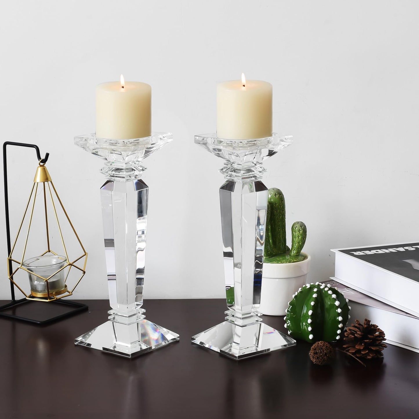 DONOUCLS Crystal Candlestick Holders 2 Pack- Clear Crystal Taper/Pillar Candles Holder– Table Centerpieces for Party and Wedding Decoration(10.6in Tall)