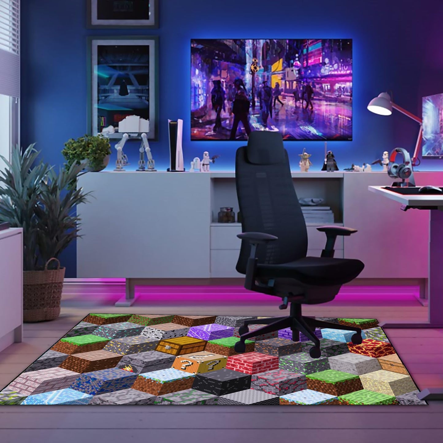 Block Game Rug Teen Boys Carpet with Pixel Games Element Decoration Mat, Cube Block Game Rugs for Boy’s Bedroom Living Room Playroom, Non-Slip Children Gaming Area Rugs (79" x 59")