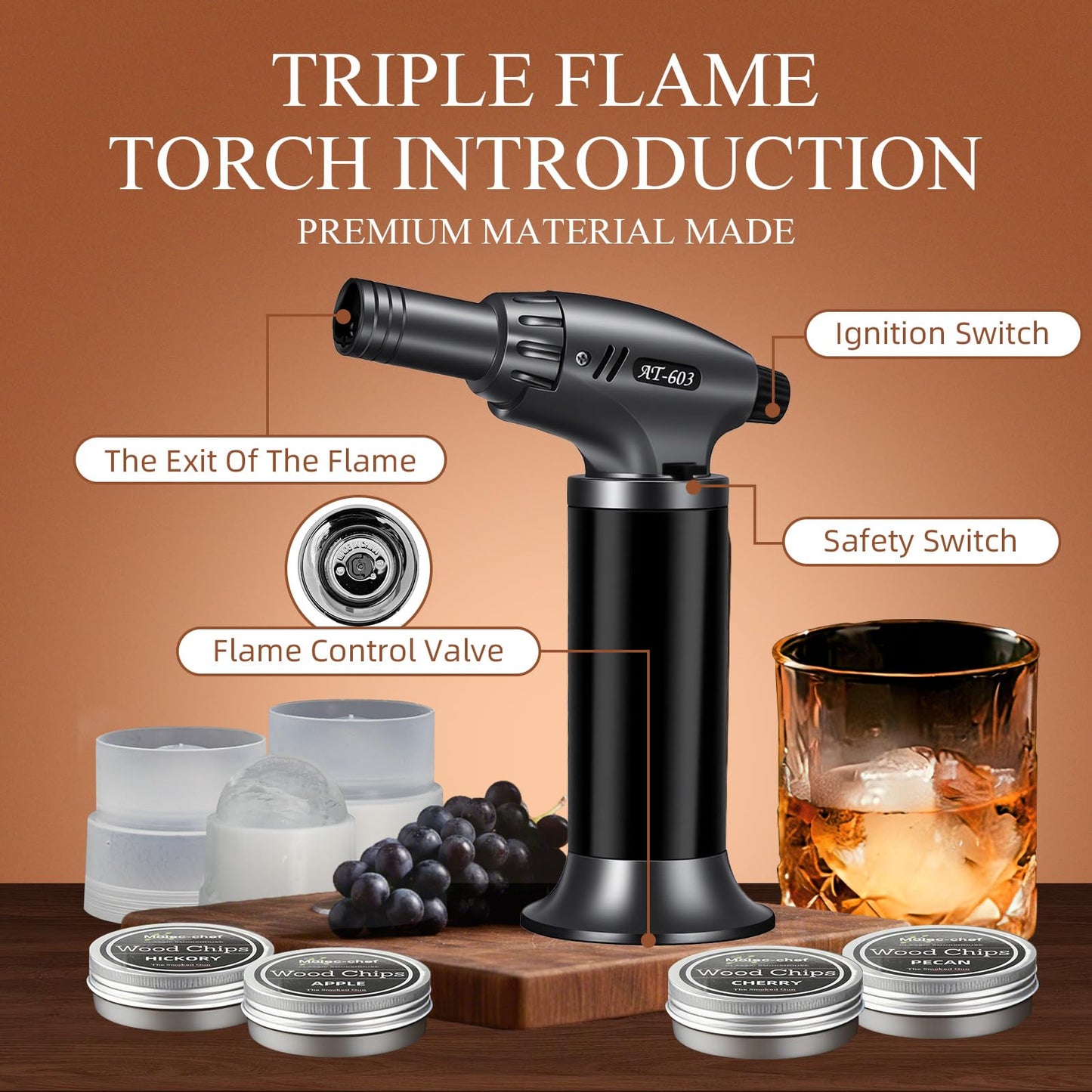 Enhanced Whiskey Smoker Kit with Torch – Old Fashioned Cocktail Smoker Infuser Set, 6 Wood Chip Flavors with Glasses & Ice Ball Molds – Gifts for Men, White Elephant & Stocking Stuffers (No Butane)
