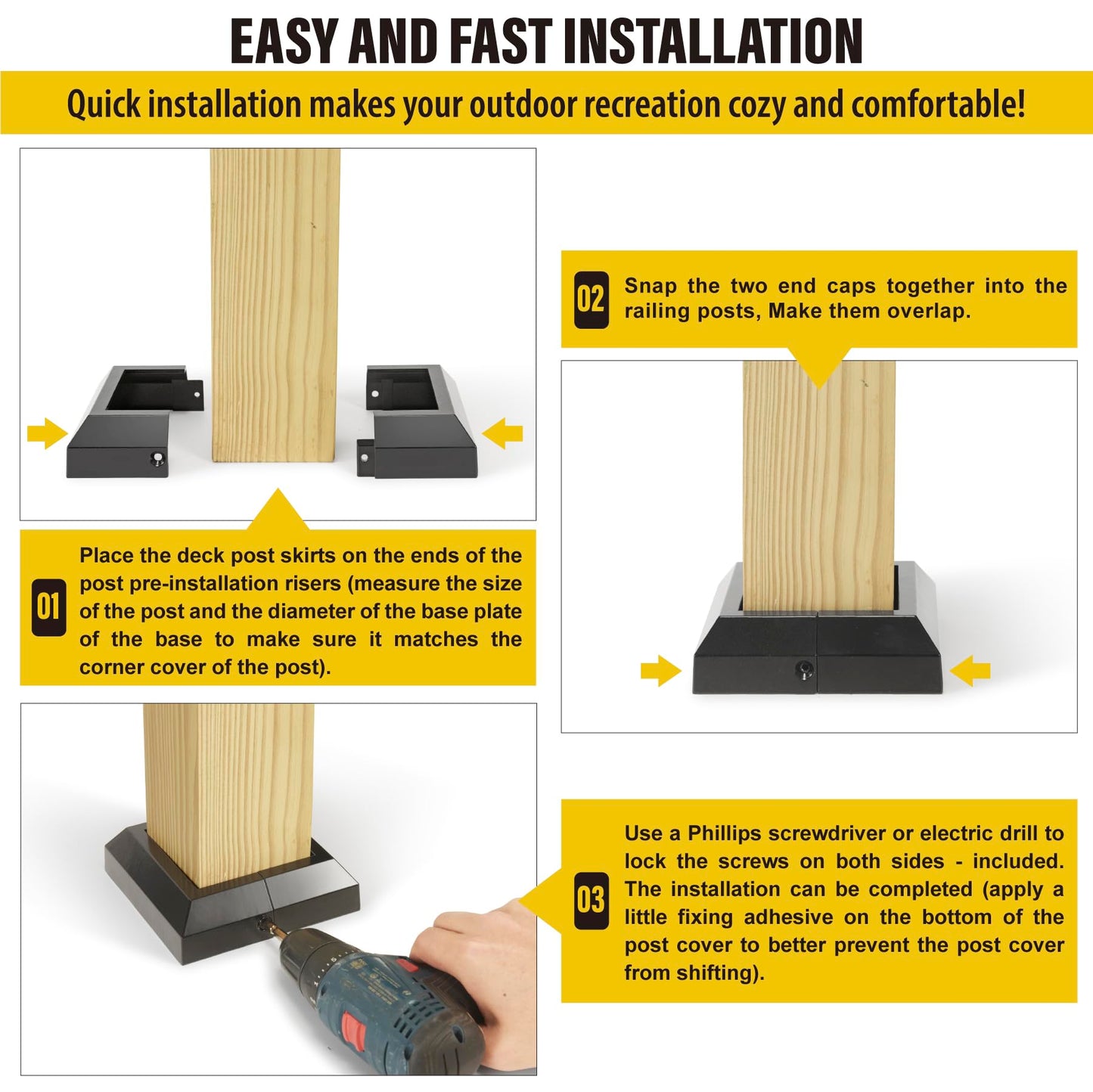 12Pack 3.5"x 3.5" Aluminum Deck Post Base Cover, Split Post Cover Skirts for Deck Railings丨Stairs丨Porches Black