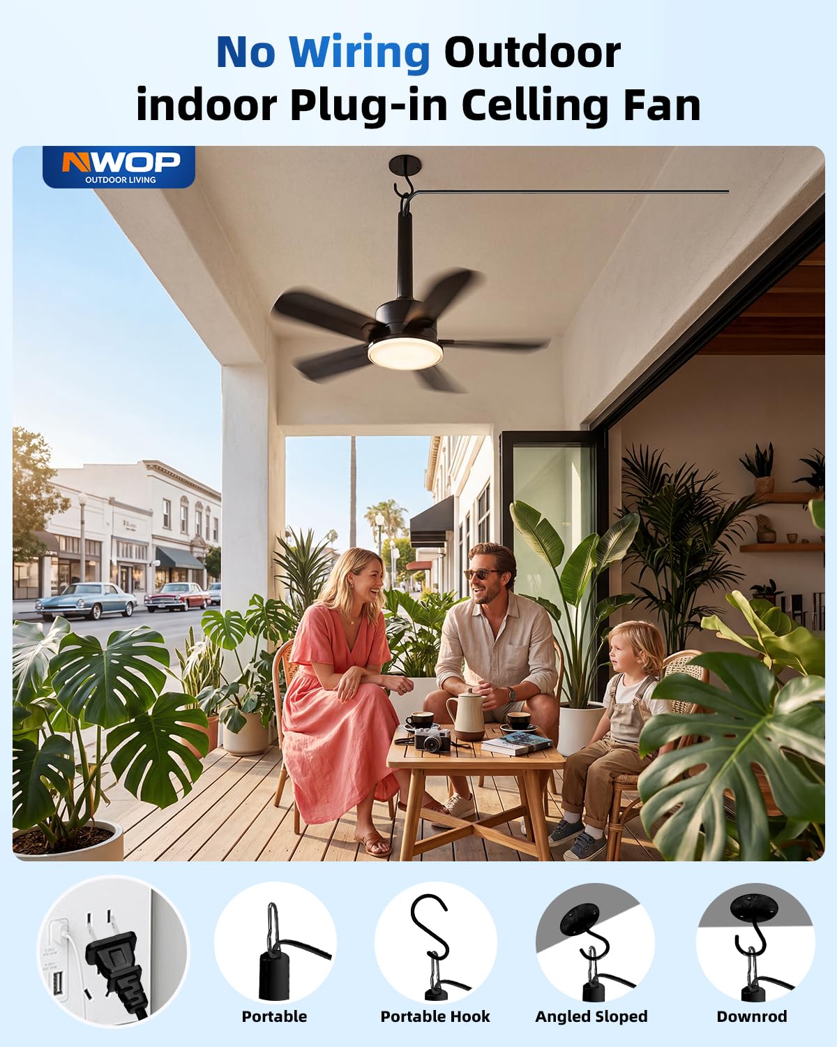 NWOP 20 Inch Plug-In Outdoor Ceiling Fan with Light and Remote, Waterproof Wet Rated Mini Ceiling Fan for Small Spaces, 5 Blade Quiet Compact Ceiling Fan for Patio Balcony Gazebo Porch, Black