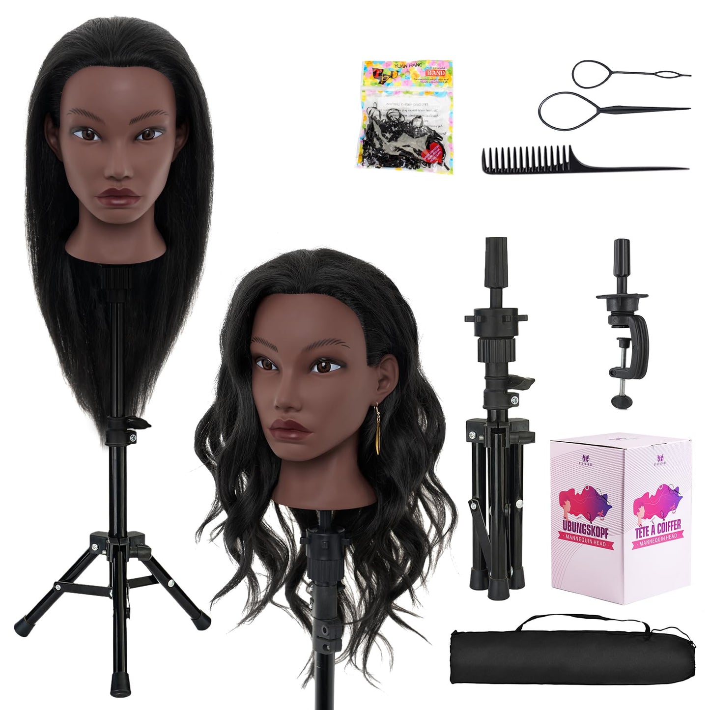 20 Inch Mannequin Head Human Hair with Stand,Real Hair Mannequin Head for Braiding,Cosmetology Manikin Doll Head for Styling with Mannequin Head Stand Table Clamp Hair Braiding Set