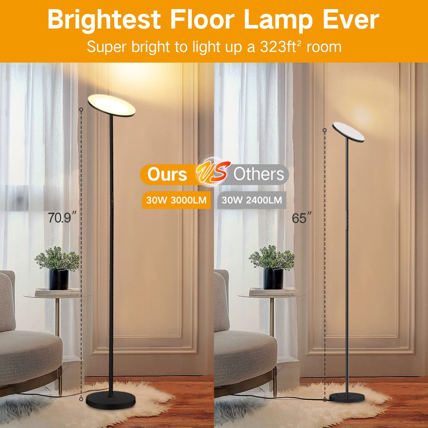 OUTON Floor Lamp, 30W/3000LM LED Modern Torchiere Sky Lamp, Super Bright Dimmable Standing Tall Lamp with 4 Color Temperatures, Remote Touch Control, 1 Hour Timer for Living Room Bedroom Office, Black