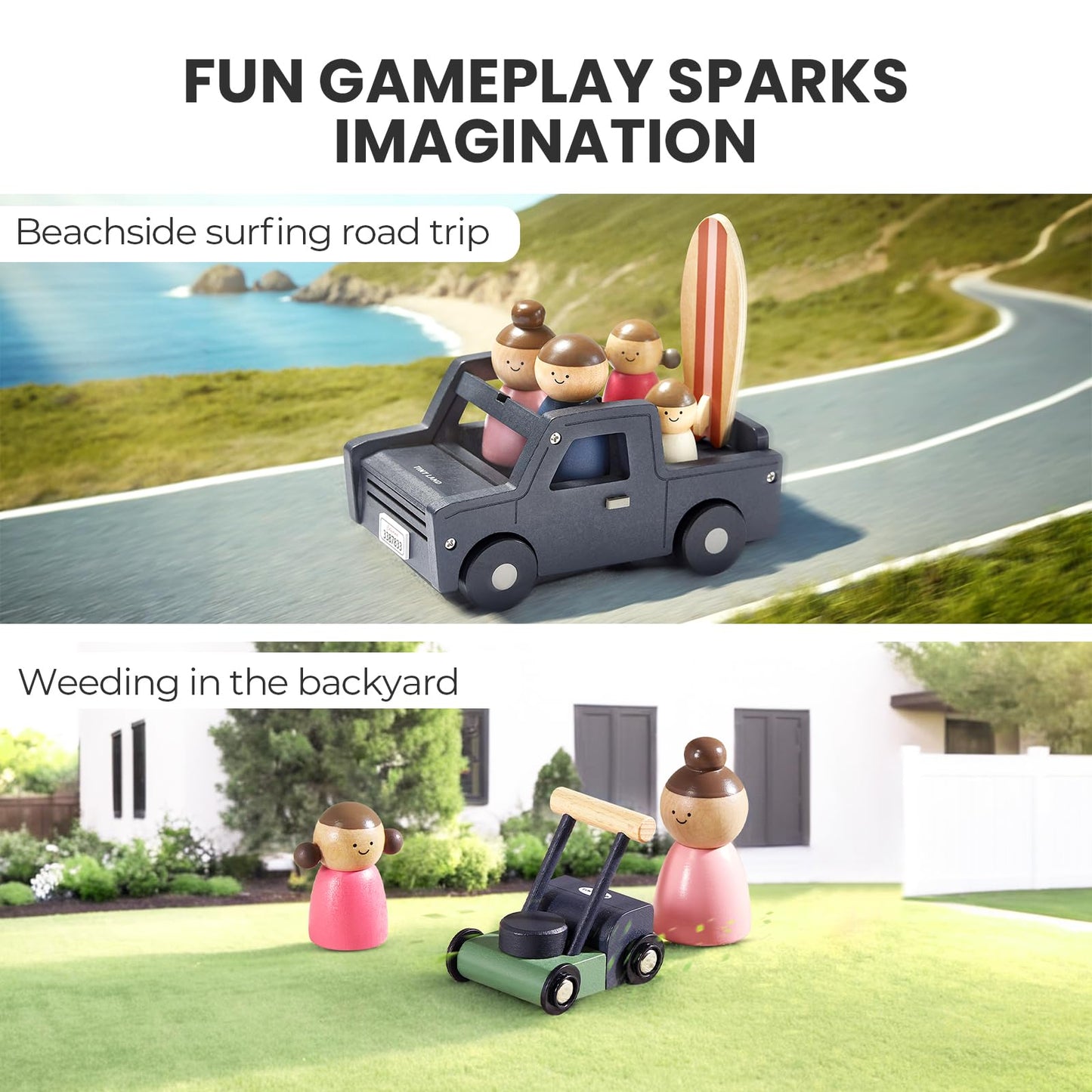 Tiny Land Wooden Dollhouse Garage Set – Realistic Design with Garage, Workbench,Lawn Mower & SUV Car, Expansion Dollhouse Furniture & Accessories for Doll house, Educational Pretend Play Gift for Kids