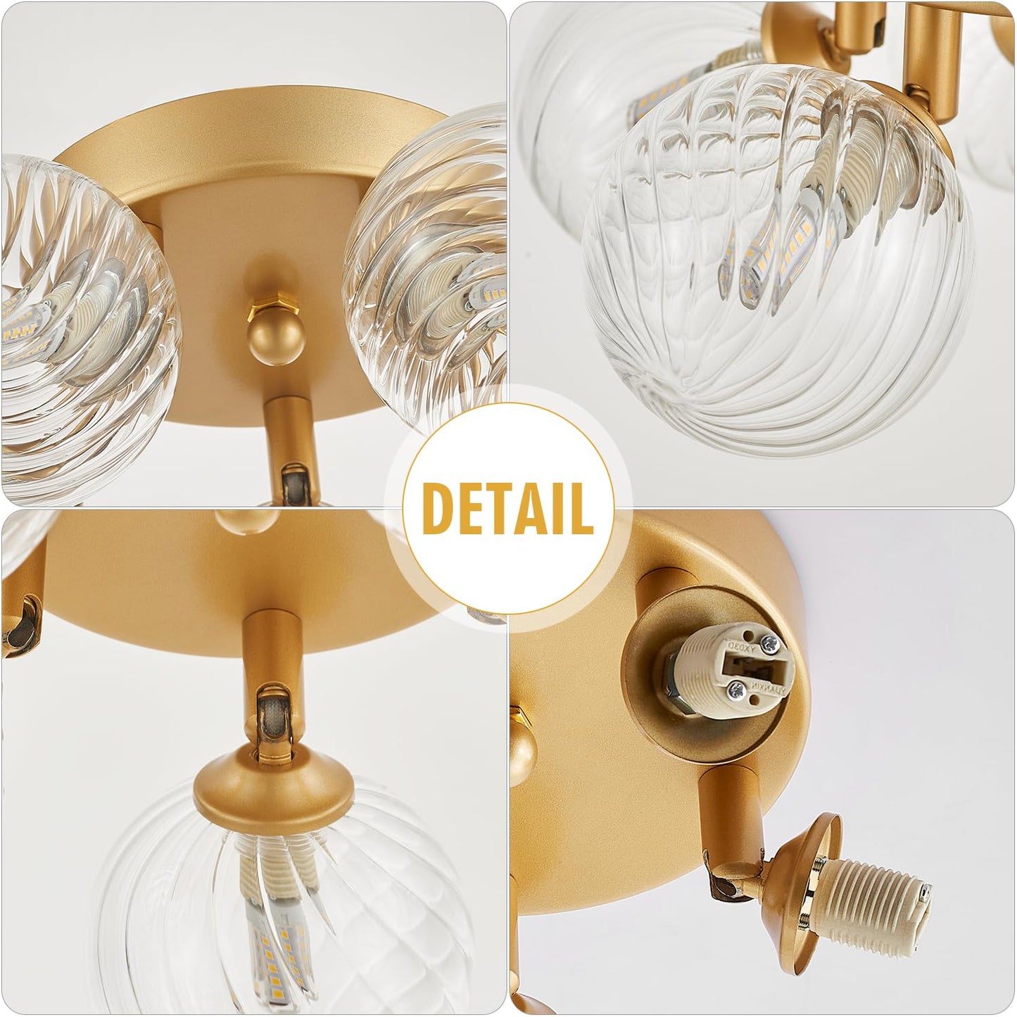 brfaixla Gold Ceiling Bubble Light Fixture Modern 5 Lights Swirled Clear Ribbed Blown Glass Ball Chandelier Semi Flush Mount Lighting Dia 12.6" for Hallway Entryway Kitchen Dining Room