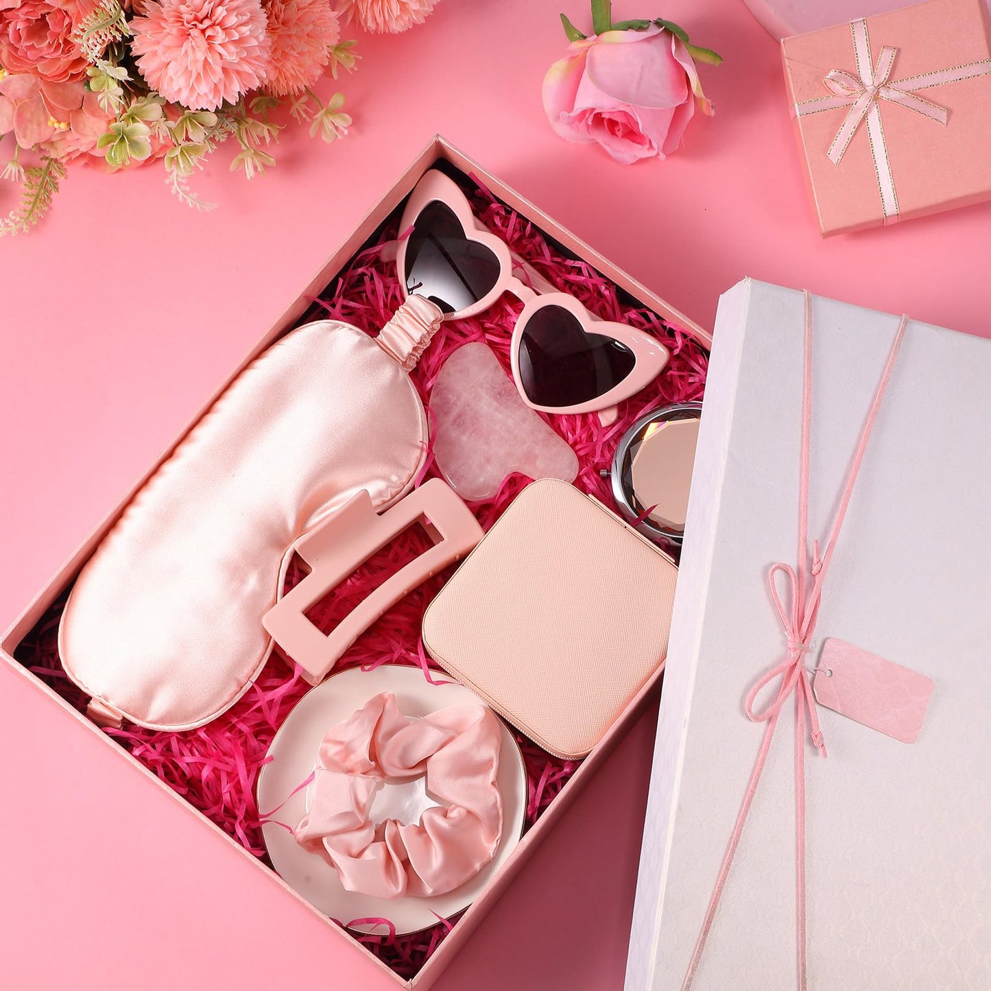 Wavwavw 48 Pcs Bridesmaid Proposal Gifts Scrunchies Square Hair Claws Sunglasses Jewelry Storage Boxes Eye Masks Mini Makeup Mirrors Ceramic Jewelry Trays Gua Sha Facial Tool Bridal Gift for Wedding