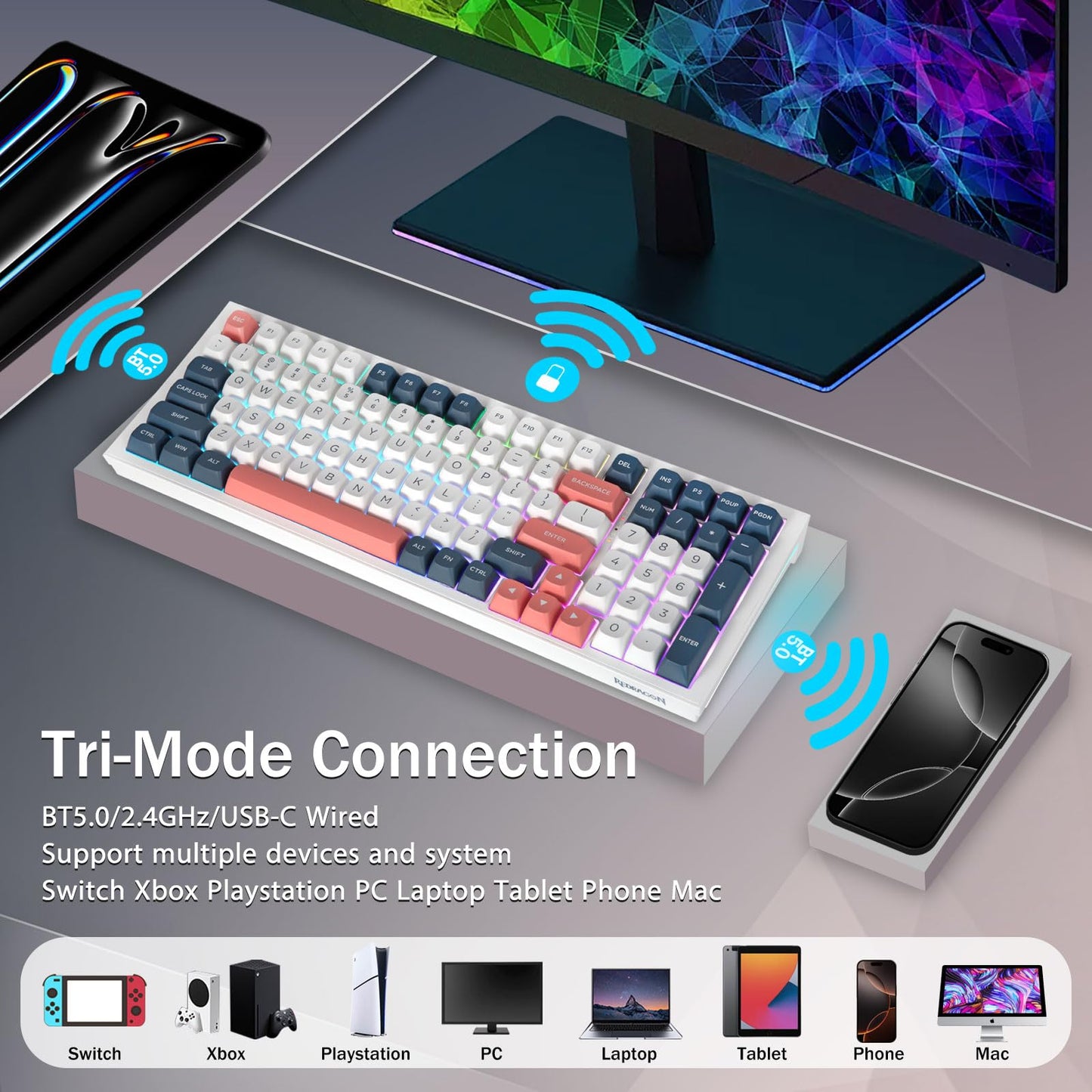 Redragon K723 Creamy Mechanical Gaming Keyboard Wireless, Hot Swappable Pre-lubed Linear Switches Gasket Design, Tri-Mode BT5.0/2.4GHz/USB-C, RGB Backlit for PC/Mac/PS/Xbox, White Blue