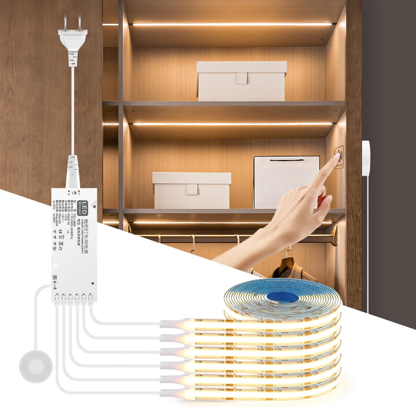 CHNMALITAI COB LED Strip Lights 12V Penetrable Wood Touch Dimmable LED Under Cabinet Light Kit with 60W Adapter 2M/6.56FT Flexible COB LED Strip for DIY Kitchen,Cabinet,Counter,Shelf,Showcase Decor