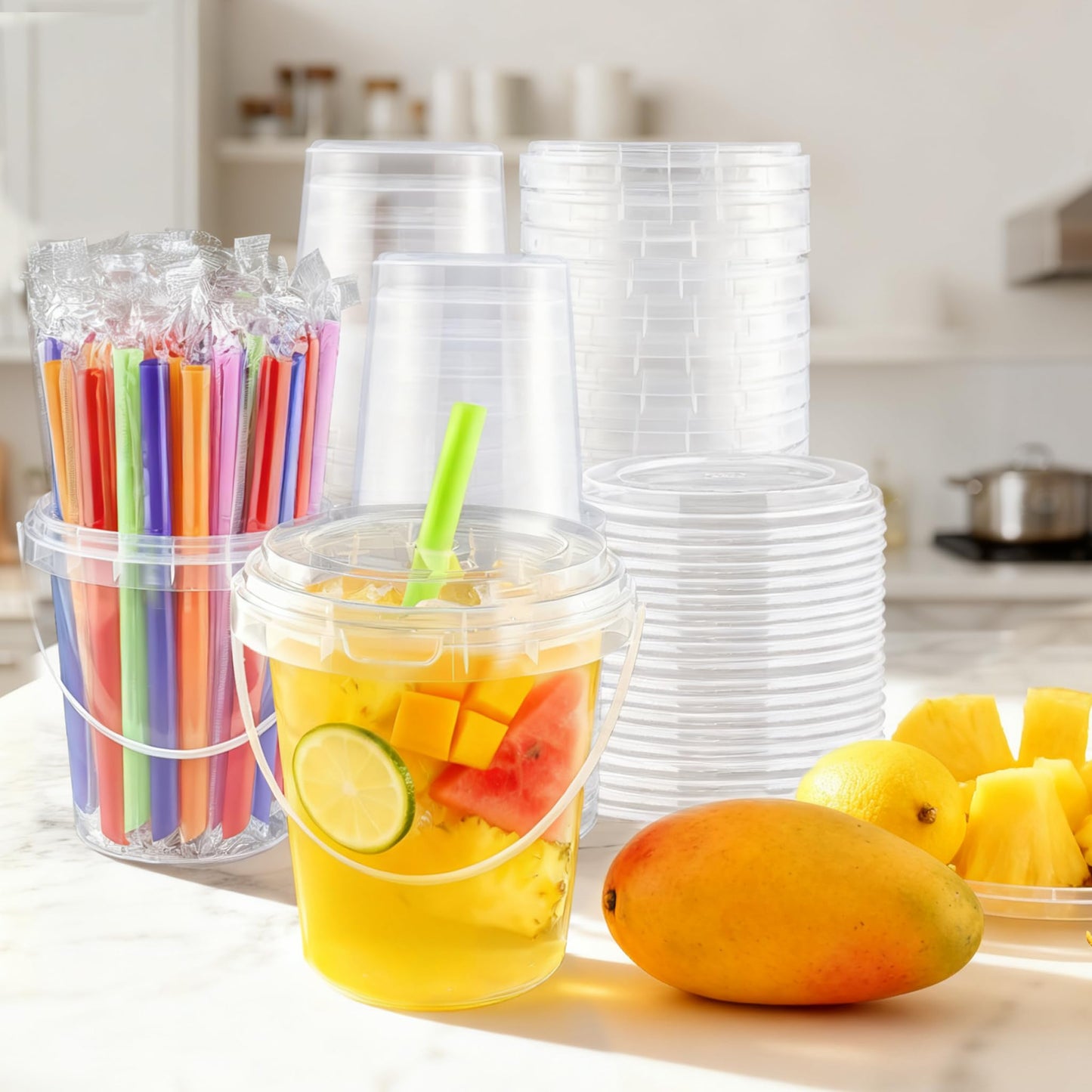 Qsqwsuye 30Sets Disposable Cups With Lids and straws 34oz Drink Buckets with Handles for Outdoor HolidayTravel Wedding Birthday Party Supplies