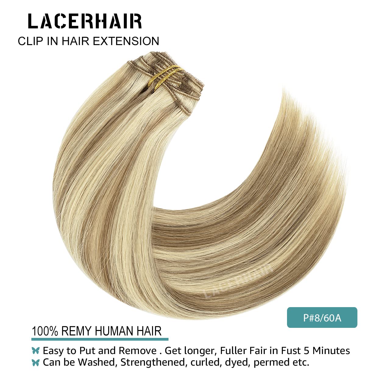 Lacer Hair Clip In Hair Extensions Real Human Hair Light Brown Highlighted Platinum Blonde Color Thick Silky Straight Remy Hair Clip In Extensions 7 Pieces 120 Gram 14 Inch