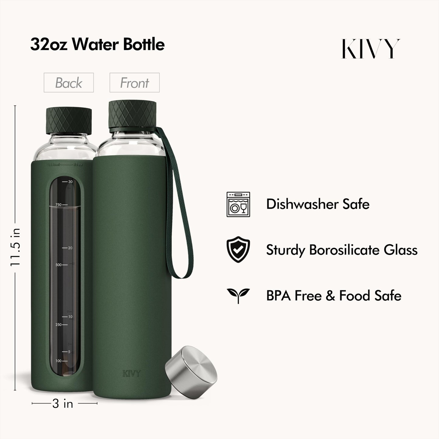 KIVY Glass Water Bottle with Silicone Sleeve 32 oz [WITH MEASUREMENT] - Borosilicate Glass Water Bottle Screw Top - Clear Bottles with Measurement Marking - Slim Waterbottle Aesthetic - Cream White