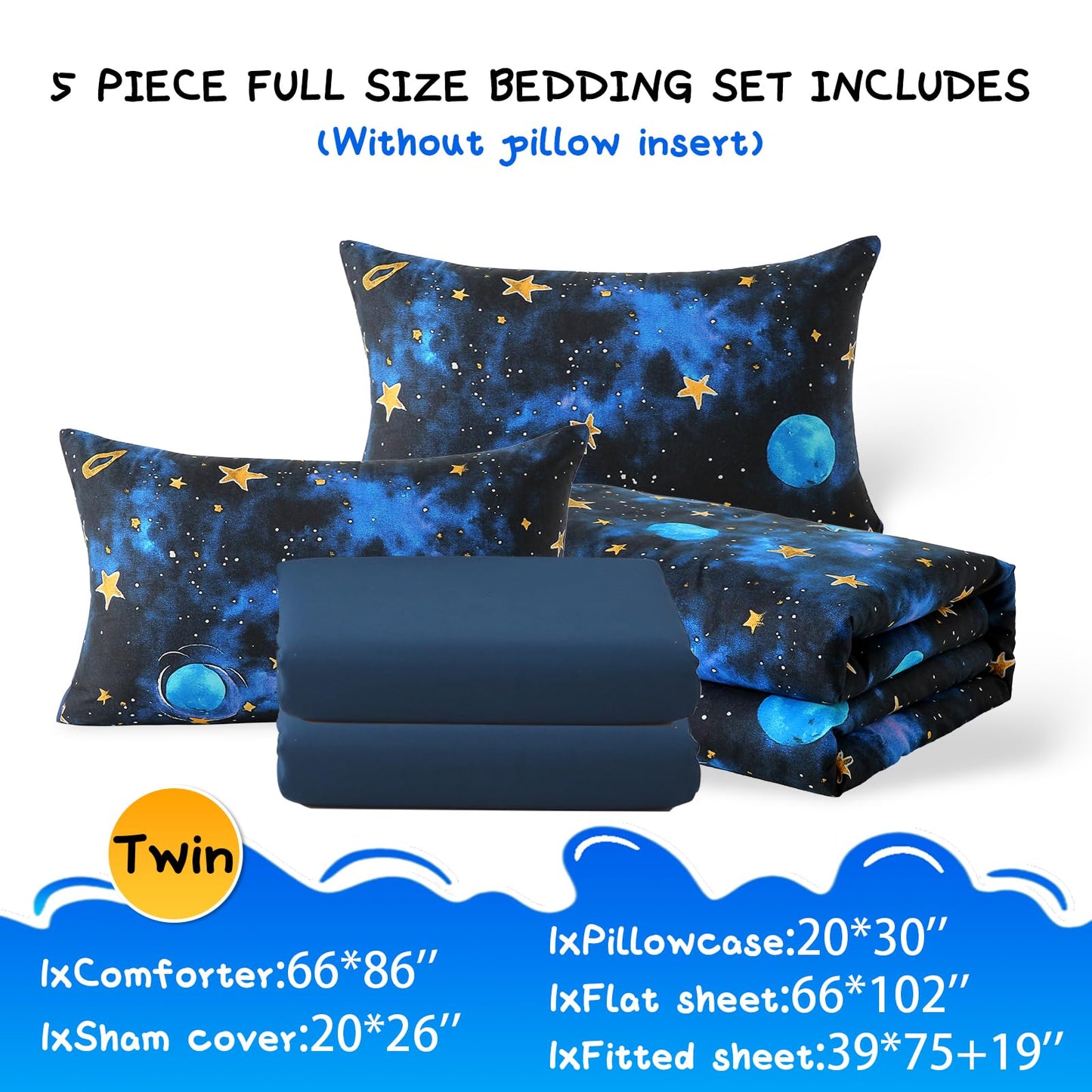 Aqzuxira Glow in The Dark Kids Comforter Set, 5 Pieces Blue Space Bedding Set Twin Size for Boys Girls Teen, 1 Comforter, 1 Pillowcase, 1 Pillow Sham, 1 Flat Sheet, 1 Fitted Sheet