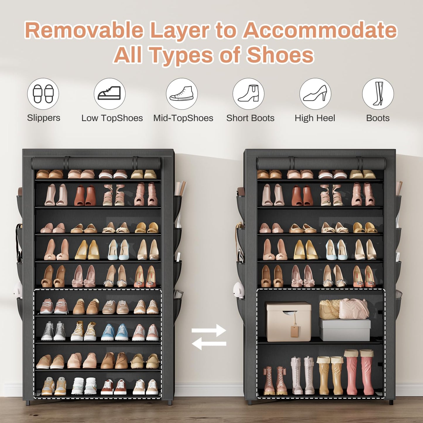 BrFoYu Shoe Rack with Cover, 10 Tier Shoe Organizer Storage for 40-50 Pairs Sneaker and Boots, Large Capacity, with 8 Pockets, Free Standing Tall Shoe Rack for Front Door Entrance, Closet