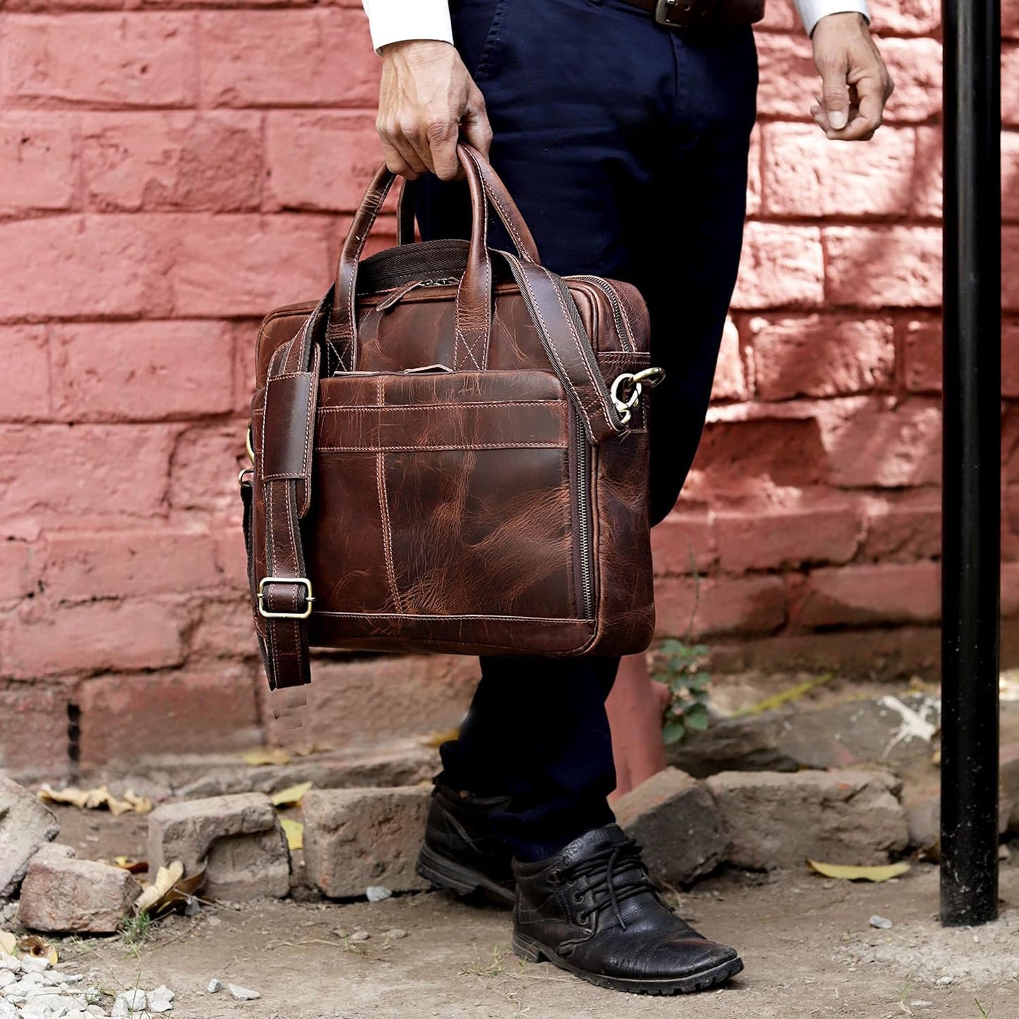 Vintage Handmade Leather Travel Messenger Office Crossbody Bag Laptop Briefcase Computer College Satchel Bag (18" Brown)