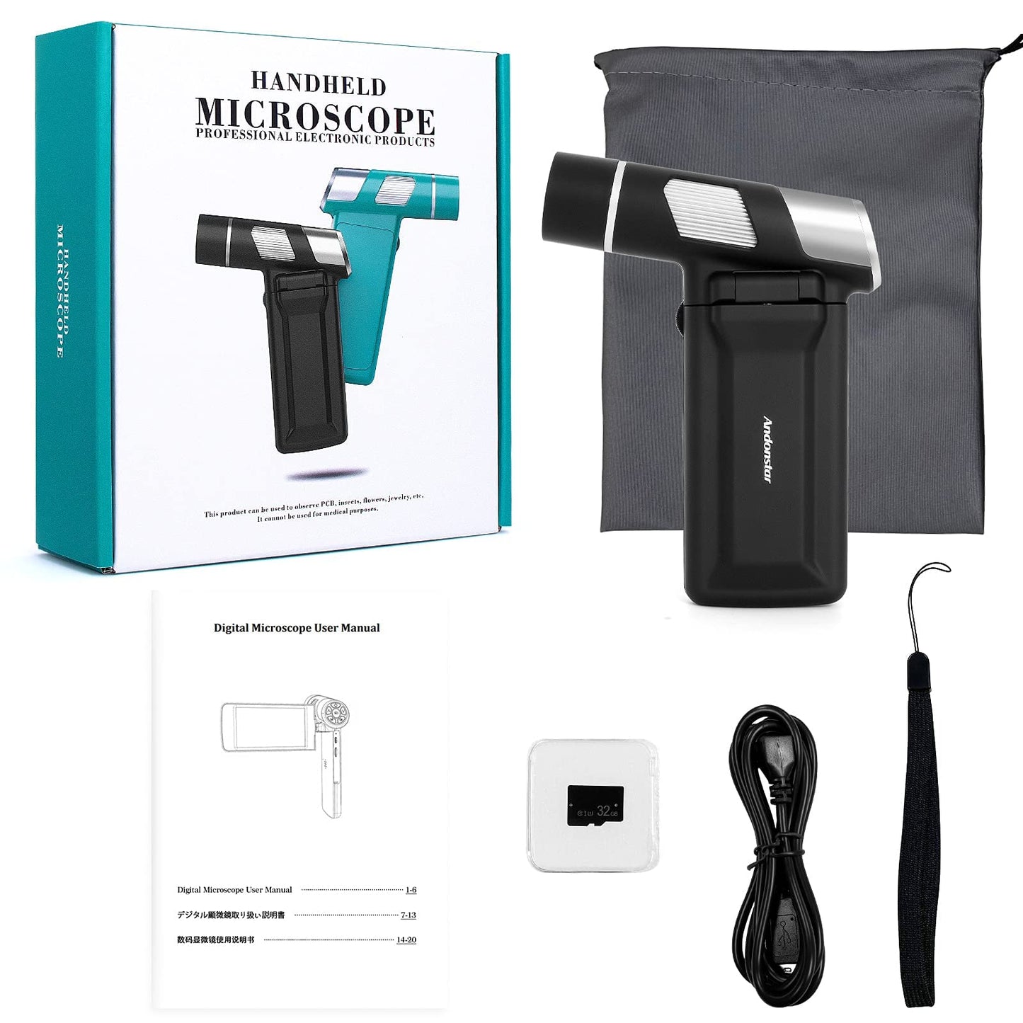 Andonstar AD203 Handheld Digital Microscope, Portable Pocket USB Coin Microscope with 4 inch Screen for Kids and Adults, Black, Electronic FHD Video, Windows Mac PC