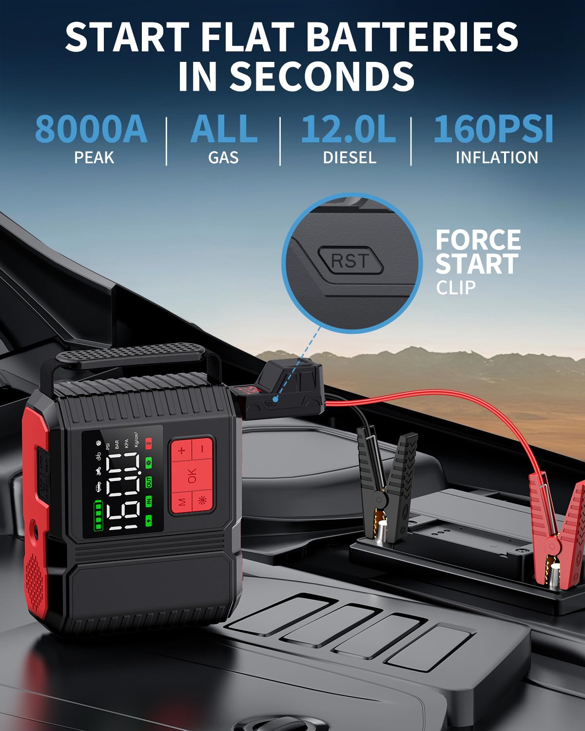 Car Jump Starter with Air Compressor, 160PSI 8000A Peak 26800mah (Up to All Gas or 12.0L Diesel Engine, 50 Times) Portable Jump Starter 12V Auto Battery Jump Pack Quick Charge
