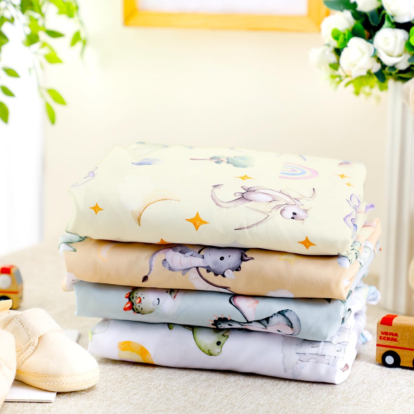 VitalCozy 4 Pcs Watercolor Dragon Crib Sheet Set Newborn Bedding Nursery Baby Sheets for Girl Boys Baby Gifts for Standard Crib and Toddler Mattresses, 52 x 28 x 8 Inches