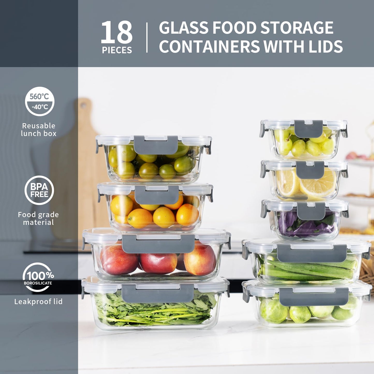 salient S 18 Pieces Glass Food Storage Containers with Lids,Airtight Glass Meal Prep Containers,Glass Storage Containers Set for Kitchen,Pantry BPA Free & Leak Proof (9 lids & 9 Containers)