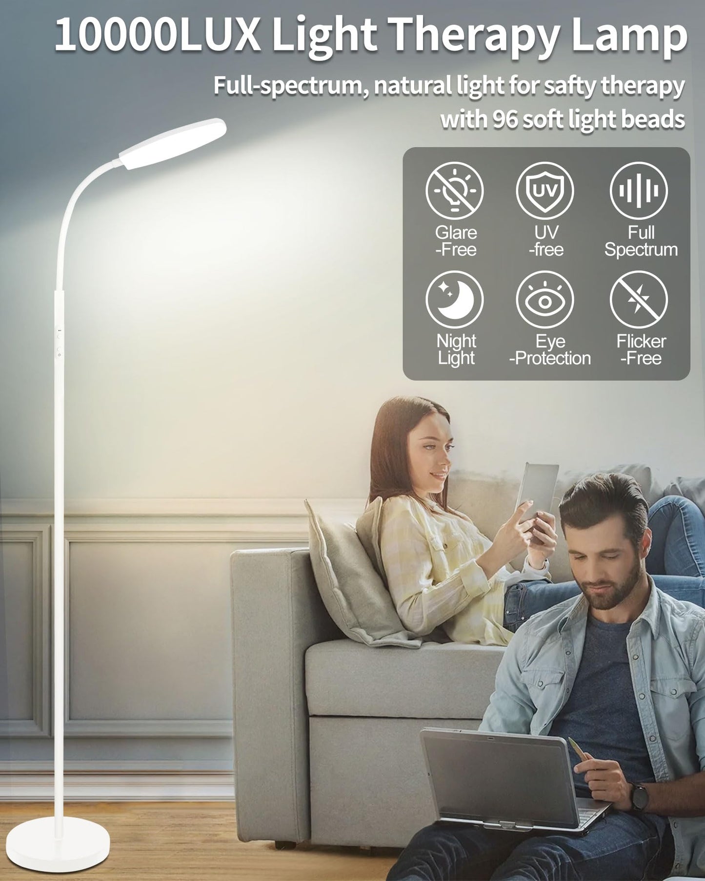 LanSuper Light Therapy Lamp, 10000 Lux UV-Free Happy Therapy Lamp, Full Spectrum Sunlight Lamp with Remote Control, Light Therapy Floor Lamp with 10 Color Temperature & 6 Brightness & Timer
