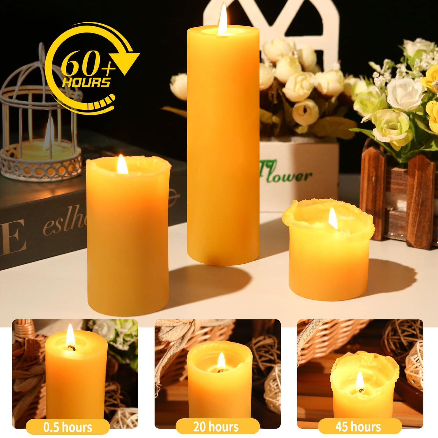 6 Pack Natural Beeswax Pillar Candles,360 Hours Long Burning Unscented Beeswax Candles,100% Pure Bees Wax Candles for Home,Emergency,Dripless Pillar Candle Bulk,2x6in
