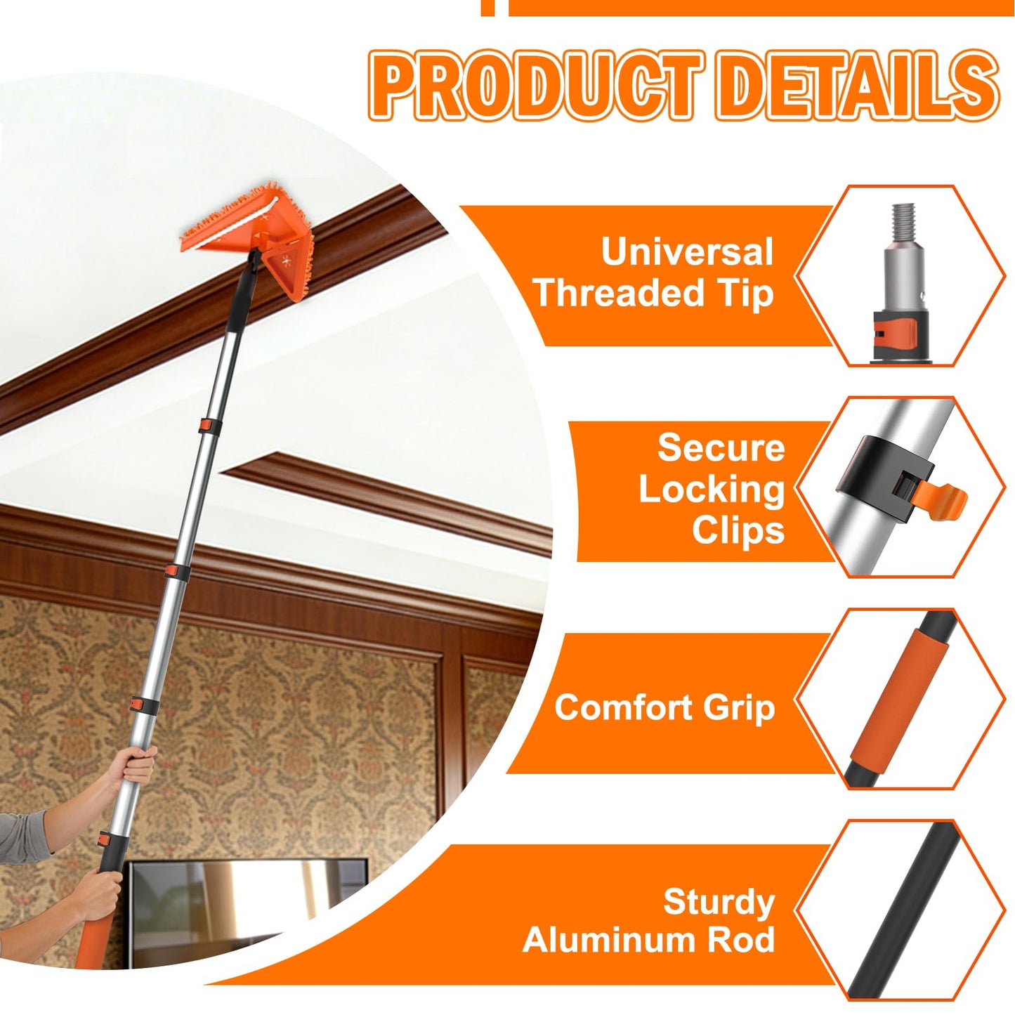 LAANPOLE 26FT Reach Dusters for Cleaning, Ceiling Fan Cleaner Duster with Extension Pole, Wall and Baseboard Cleaner Mop with Handle for Window Cobweb Fan Blade and High Ceiling