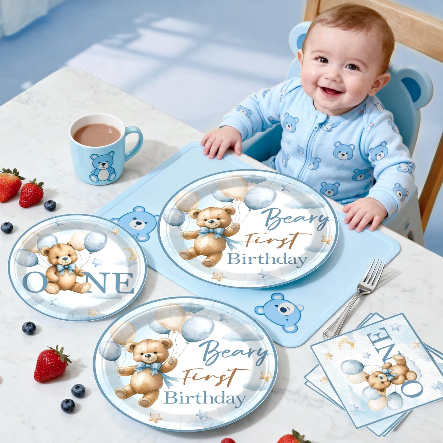232 Pcs Beary First Birthday Decorations, Teddy Bear One Year Old Birthday Balloon Garland, Banners, Baby First Teddy Bear Backdrop, Plates and Napkin Set 2 Pcs Bear Tablecloth Blue Brown and White