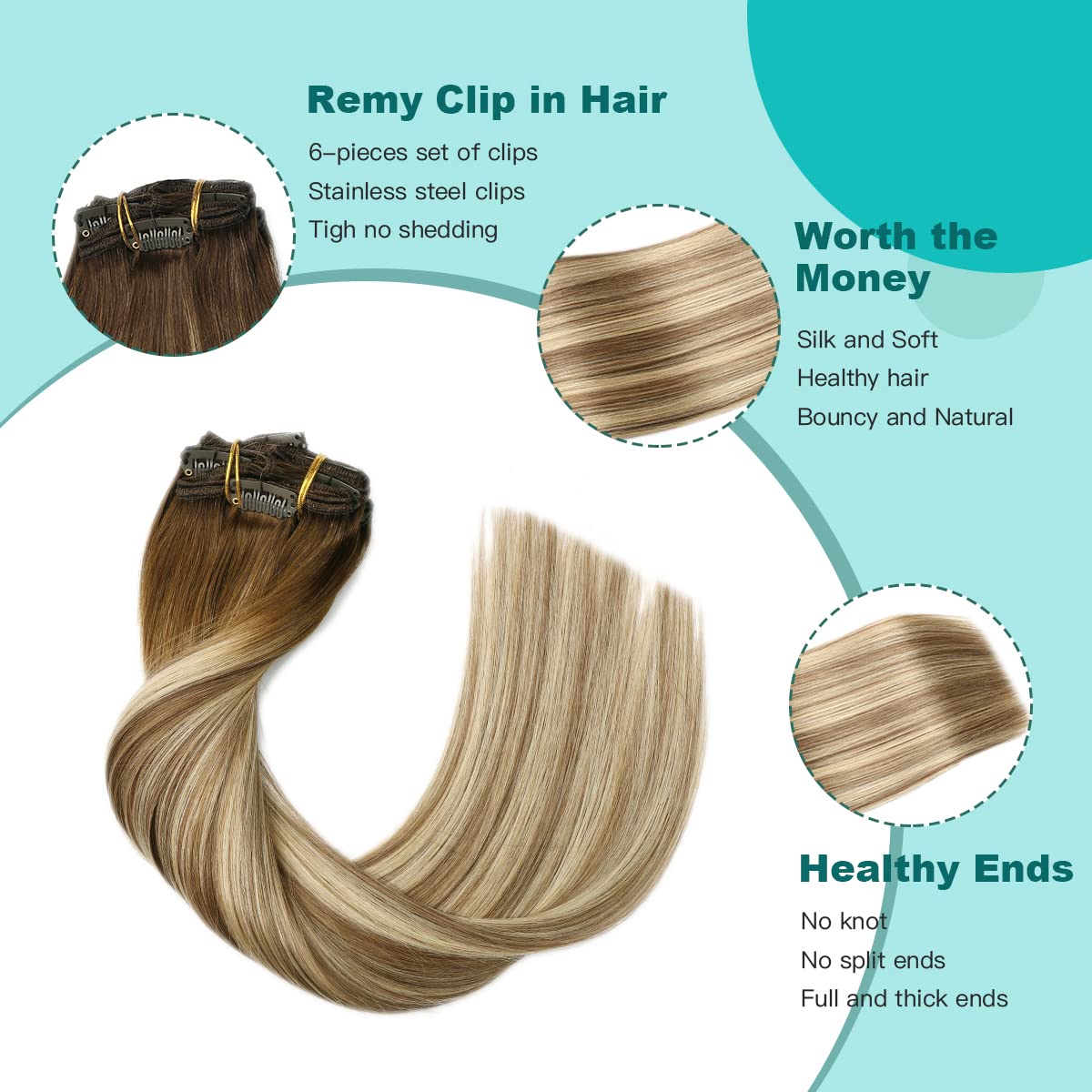 SURNEL Clip in Extensions Real Human Hair Balayage Clip in Hair Extensions 16 Inch 6pcs 100g Walnut Brown to Ash Brown and Golden Blonde Human Hair Clip Extensions (#3/8/22,16'')