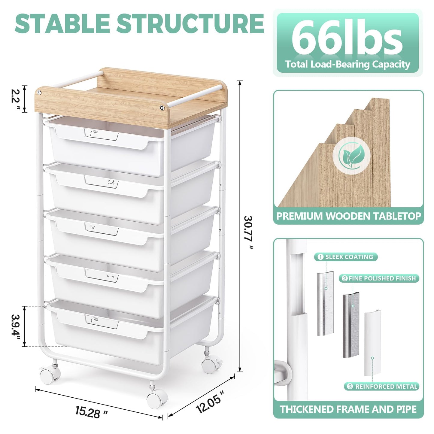 SYKIARIOL Rolling Cart with 5 Drawers,Art Craft Cart,Storage Utility Cart with Wheels,Makeup Organizer with Wooden Tabletop,White