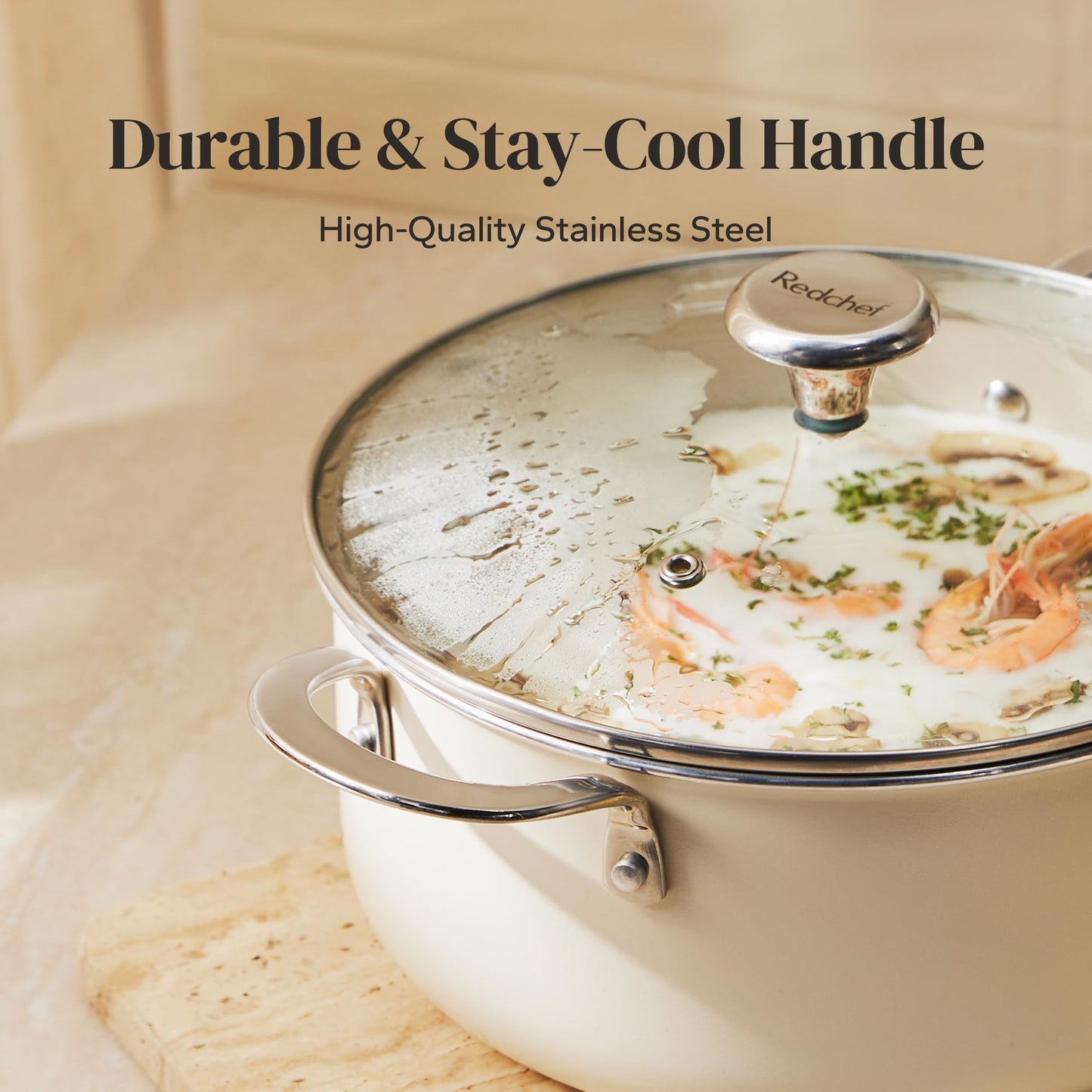 Redchef Ceramic Stock Pot with Lid, Soup Pot for All Stoves, 5 Qt Induction Cooking Pot for Soup Nonstick, Even Heating, Stay-Cool Handles, Oven/Dishwasher Safe, PTFE PFAS Free (Beige)