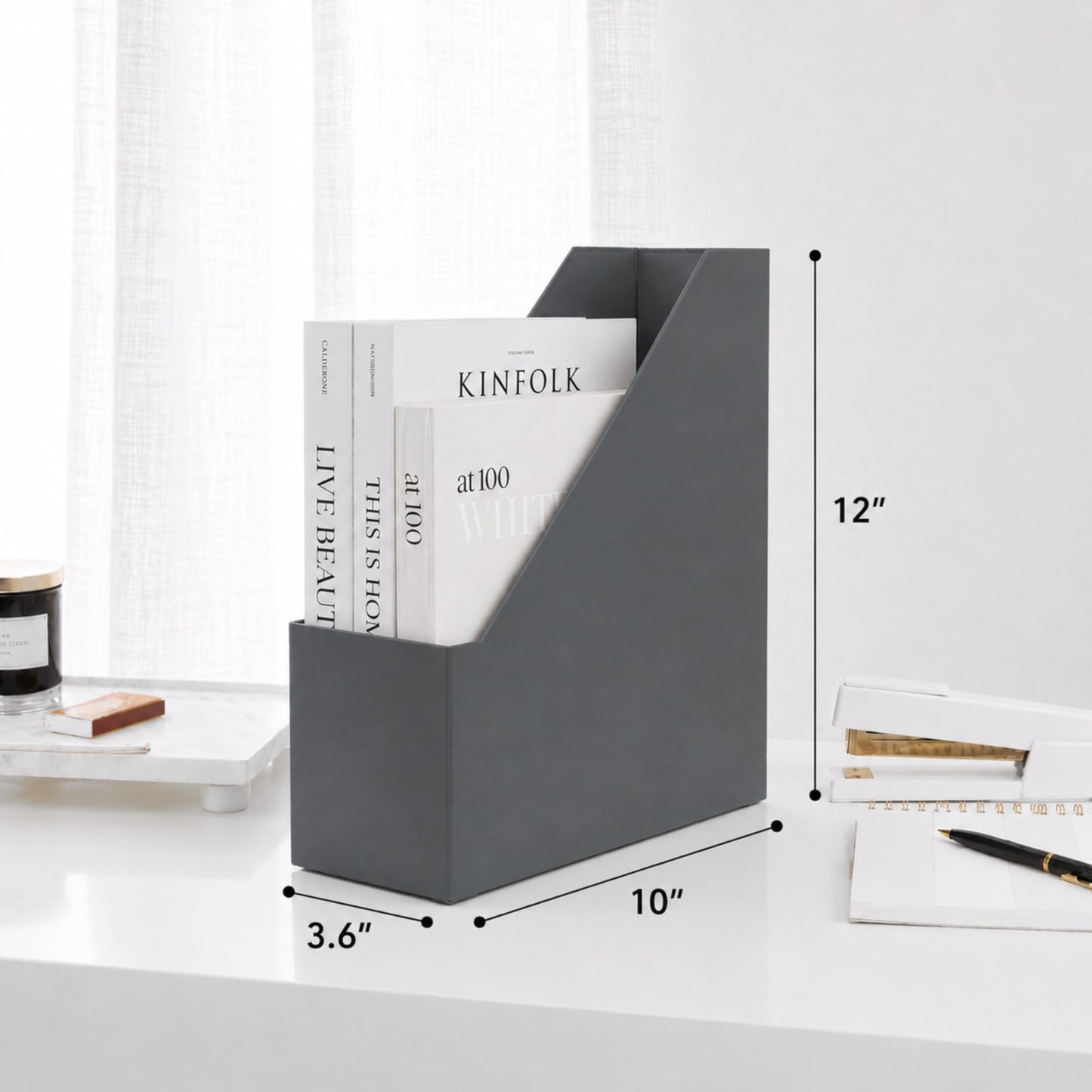 BLU MONACO | Set of 6 Foldable Grey Magazine File Holders with Gold Label Holders | Vertical File Organizer Boxes for Desk, Bookshelf & Home Office Storage