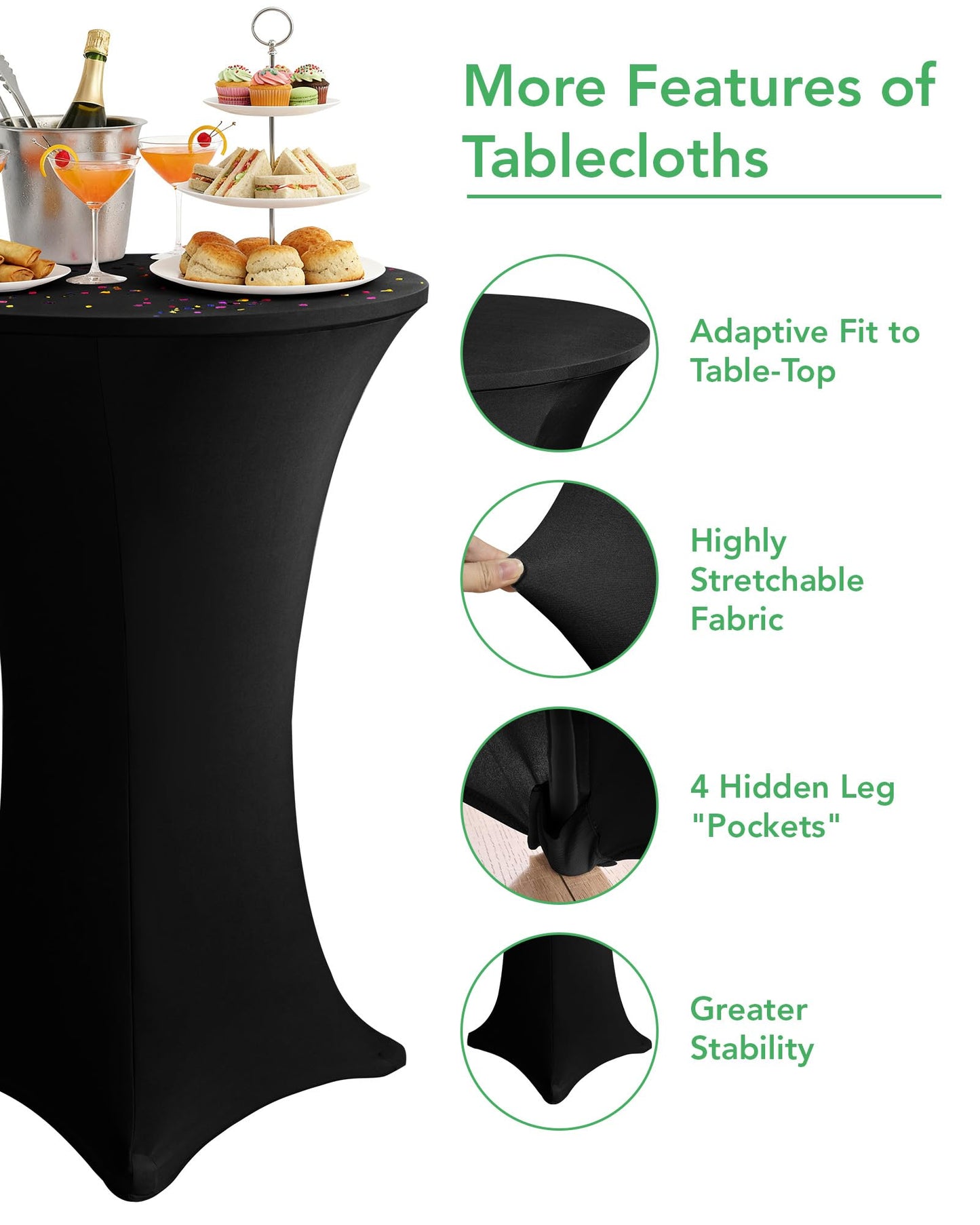 KeyWave Cocktail High Top Table Covers - 32x43 Inch Fitted Spandex Round Cocktail Tablecloth for Bar Height Standing Table Cloths Reusable, for Party Wedding Banquet Event Decorations, Black, 8 Pack