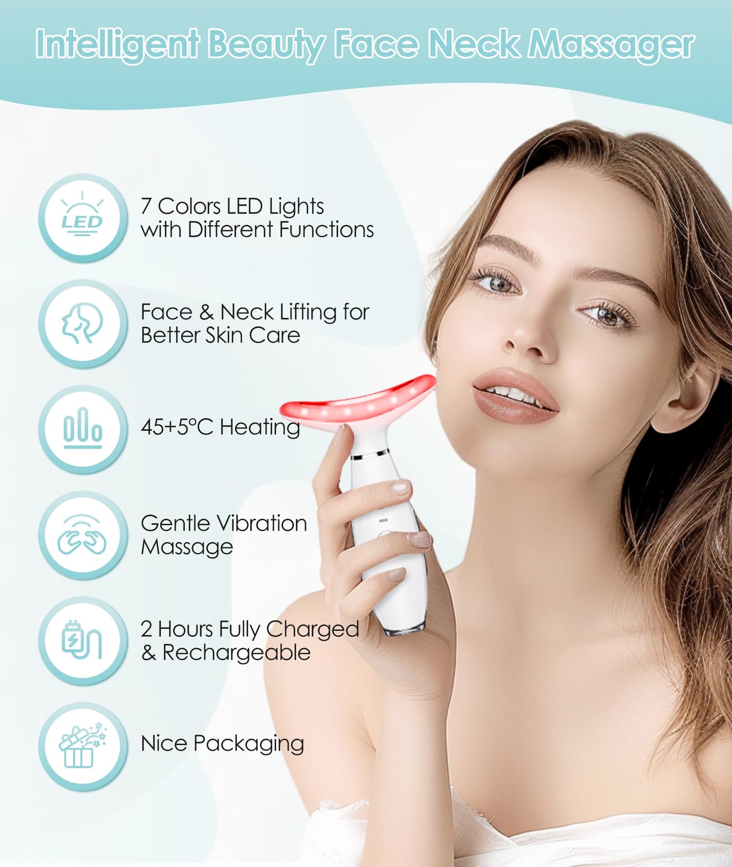 ELISHINE 7 Color Neck Face Massager - Facial Massager Tool for Skin Care at Home, Vibrating Face Massager with Thermals, Galvanic Machines White