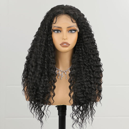 13x4 Black Synthetic Lace Front Wigs for Women 24 inch Long Curly Wavy Wig with Baby Hair Pre Plucked Heat Resistant Wig for Daily Use