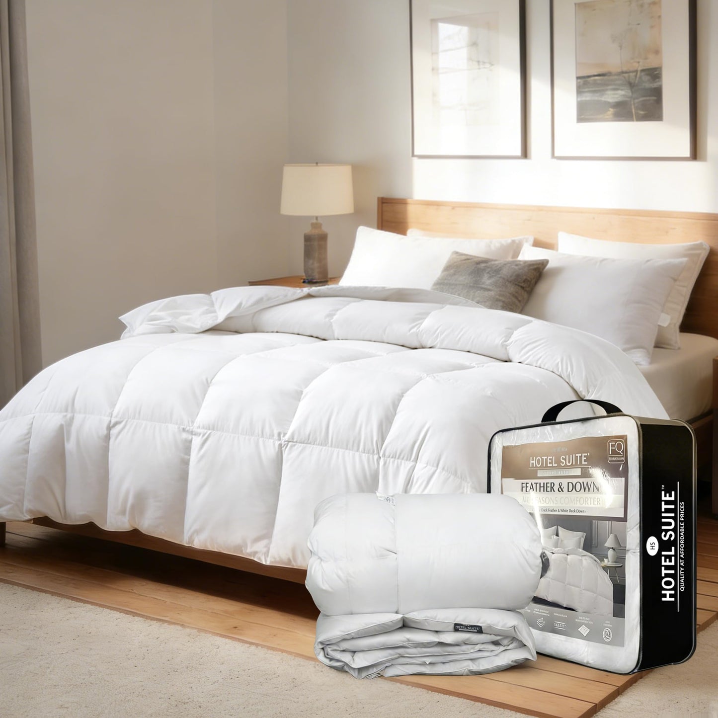 Hotel Suite Feather Down Comforter, Natural Fluffy Duvet Insert, Luxurious Hotel Collection Quilts, All Season Bedding Comforter, 100% Cotton Cover（Twin Size, 68 x 88 Inch, White）