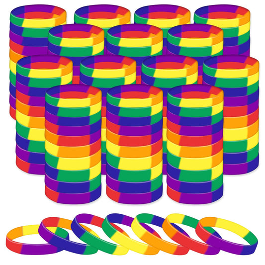300 Pcs Pride Wristbands Bulk Rainbow Silicone Bracelet Pride Wristbands Decorations Stretch Silicone Wristband Wrist Bands for Gay and Lesbian Parades Rainbow Festival Party Decorations Supplies