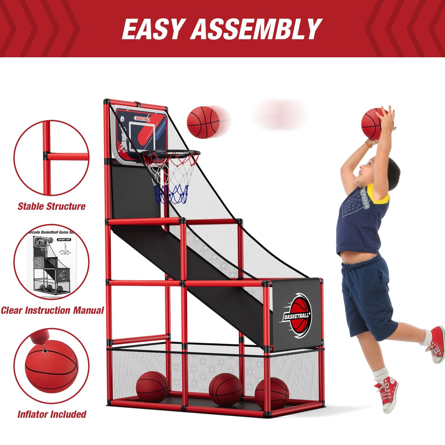 HYES Basketball Arcade Game Indoor Outdoor, Kids Basketball Hoop with 4 Balls & Pump, Single Shot Basketball Game at Home, Carnival Games Sport Toys Gifts for Boys Girls Teens Ages 3-12 Years Old
