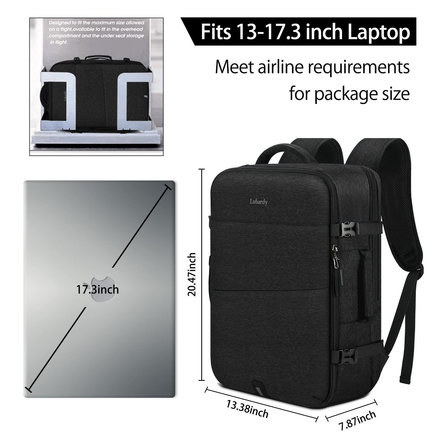 Travel Backpack for Men Women 17 Inch Flight Approved Carry on Backpack Waterproof Large 40L Luggage Daypack Business College Weekender Overnight Laptop Backpack with 3 Packing Cubes, Black