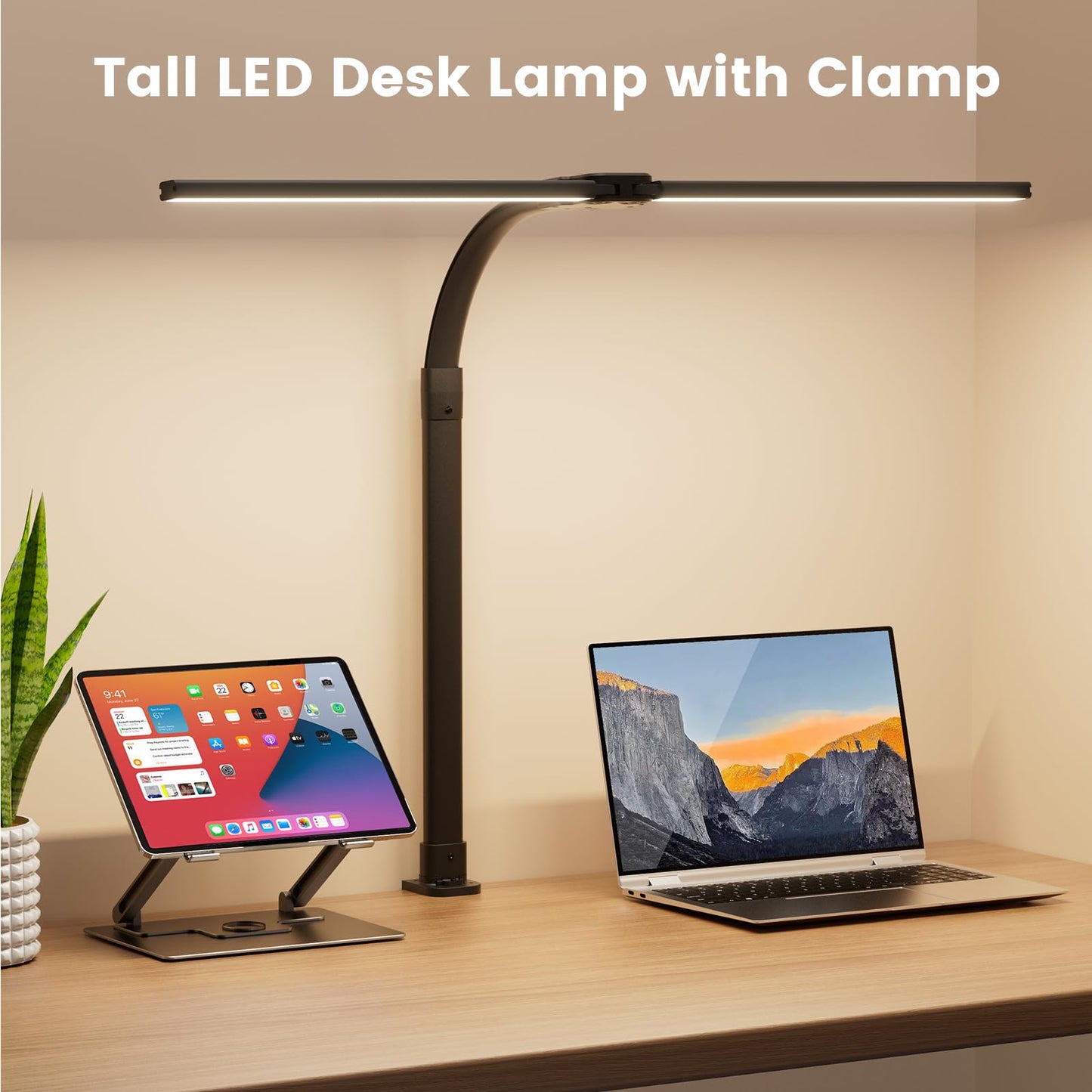 APMIEK LED Desk Lamp for Home Office, 24W Computer Desk Light with Remote Control, Bright Table Lamp with Clamp Dimmable Tall Desktop Lighting with Bendable Gooseneck, Double Head, Black