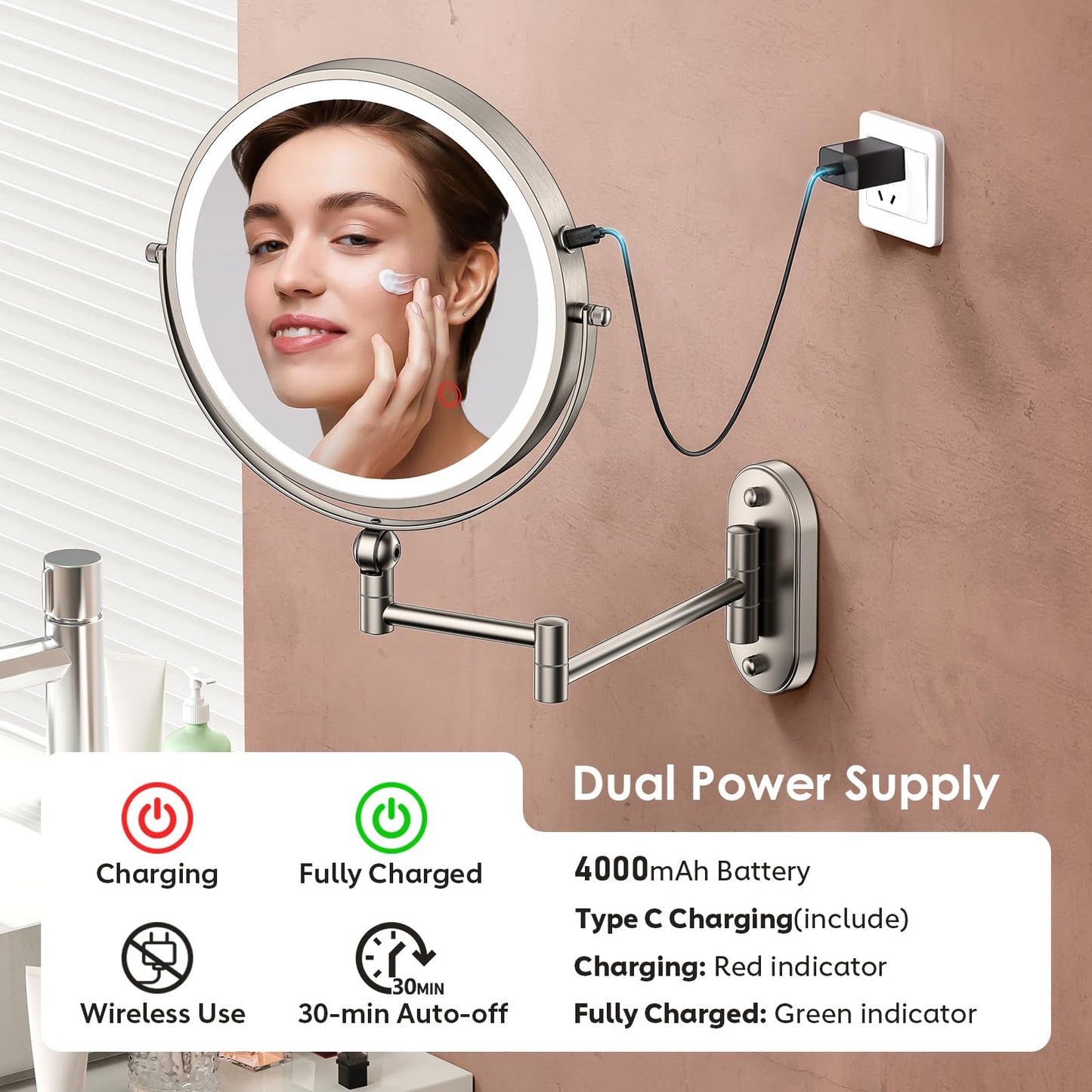 ZLOKLA 9" Wall Mounted Lighted Makeup Mirror,4000mAh Rechargeable Double Sided 1X/20X Magnifying Mirror with Light,Touch Dimmable,Extended Arm 360 Rotation Wall Mounted Makeup Mirror 3 Color Lights-N